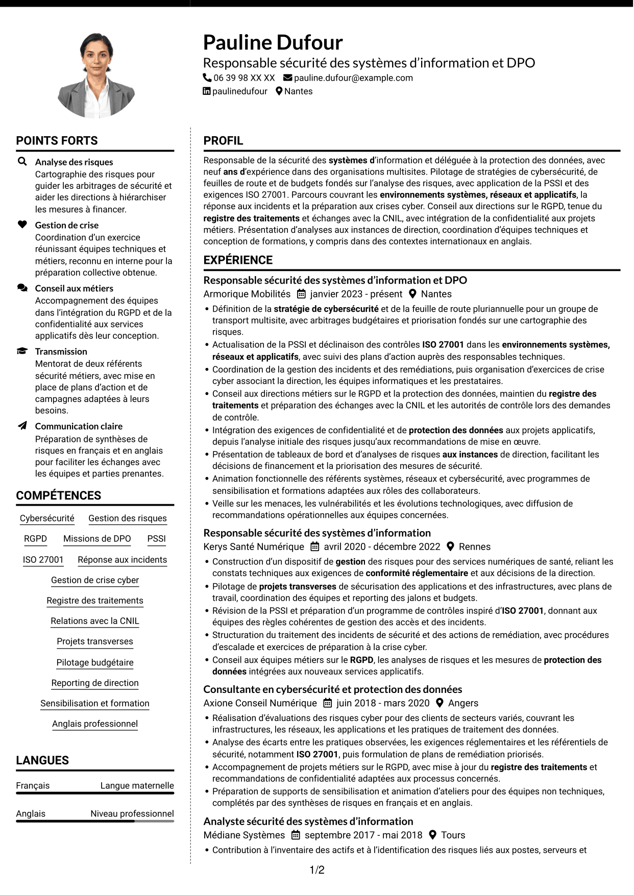 CV Moderne (format à deux colonnes avec photo à gauche et séparateur) : Responsable de la sécurité des systèmes d’information - Cybersécurité et protection des données, page 1