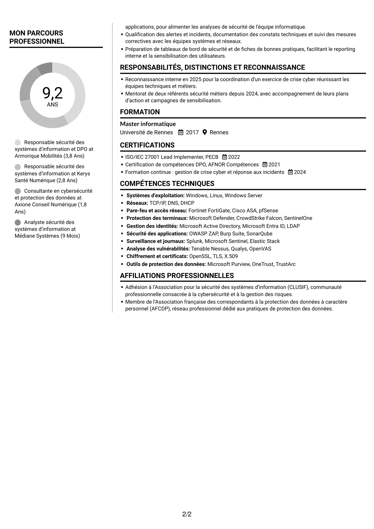 CV Moderne (format à deux colonnes avec photo à gauche et séparateur) : Responsable de la sécurité des systèmes d’information - Cybersécurité et protection des données, page 2