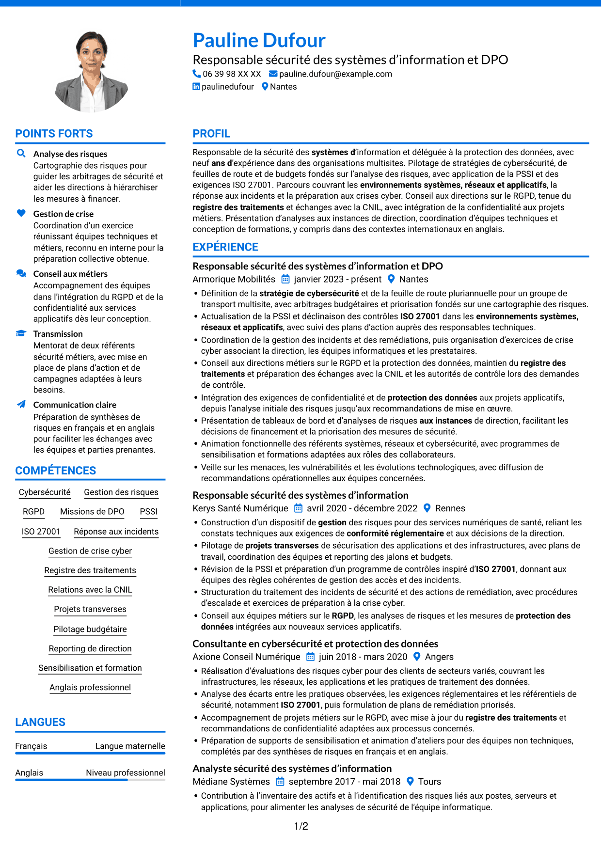 CV Audacieux (format à deux colonnes avec accents colorés et photo) : Responsable de la sécurité des systèmes d’information - Cybersécurité et protection des données, page 1