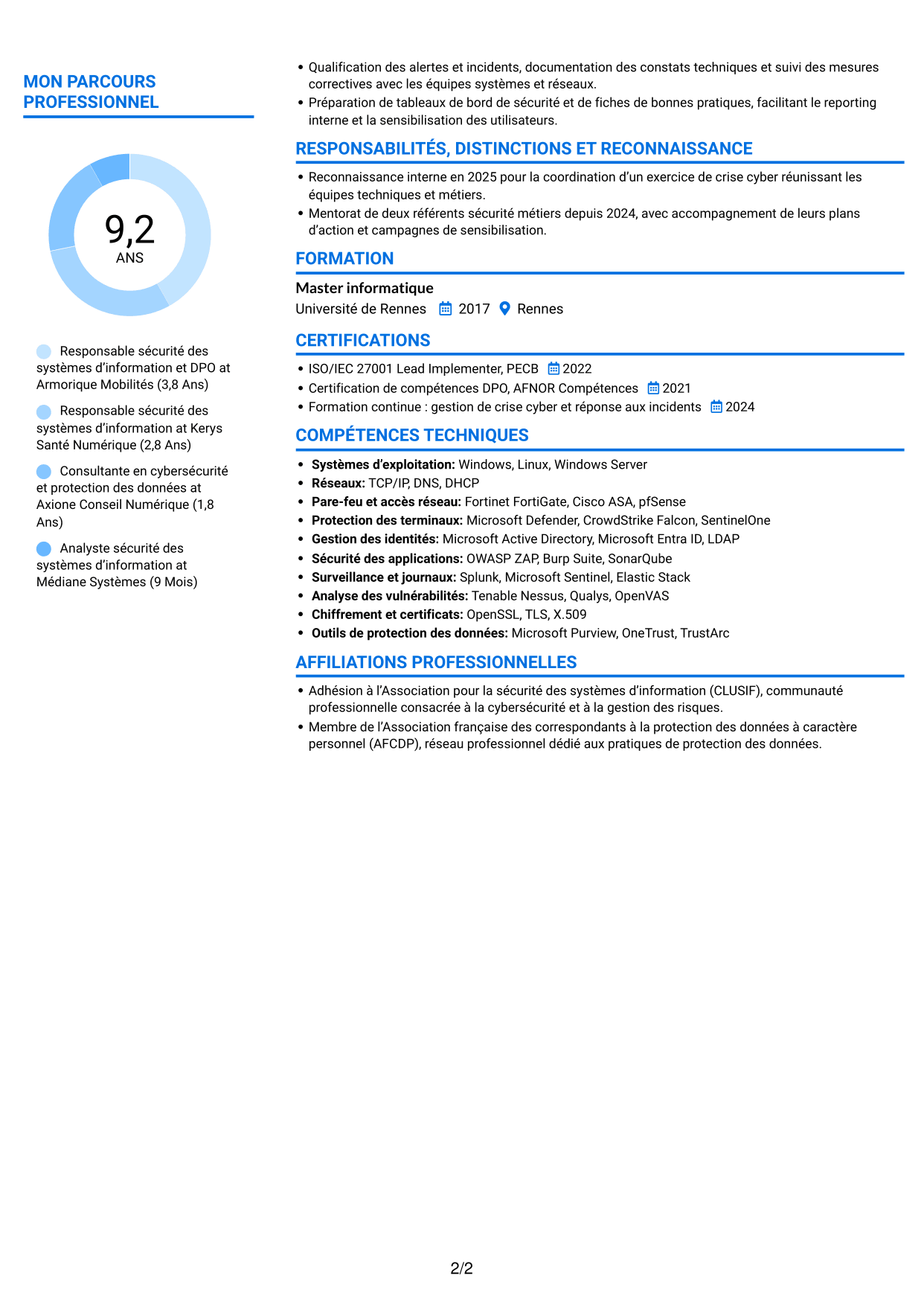 CV Audacieux (format à deux colonnes avec accents colorés et photo) : Responsable de la sécurité des systèmes d’information - Cybersécurité et protection des données, page 2