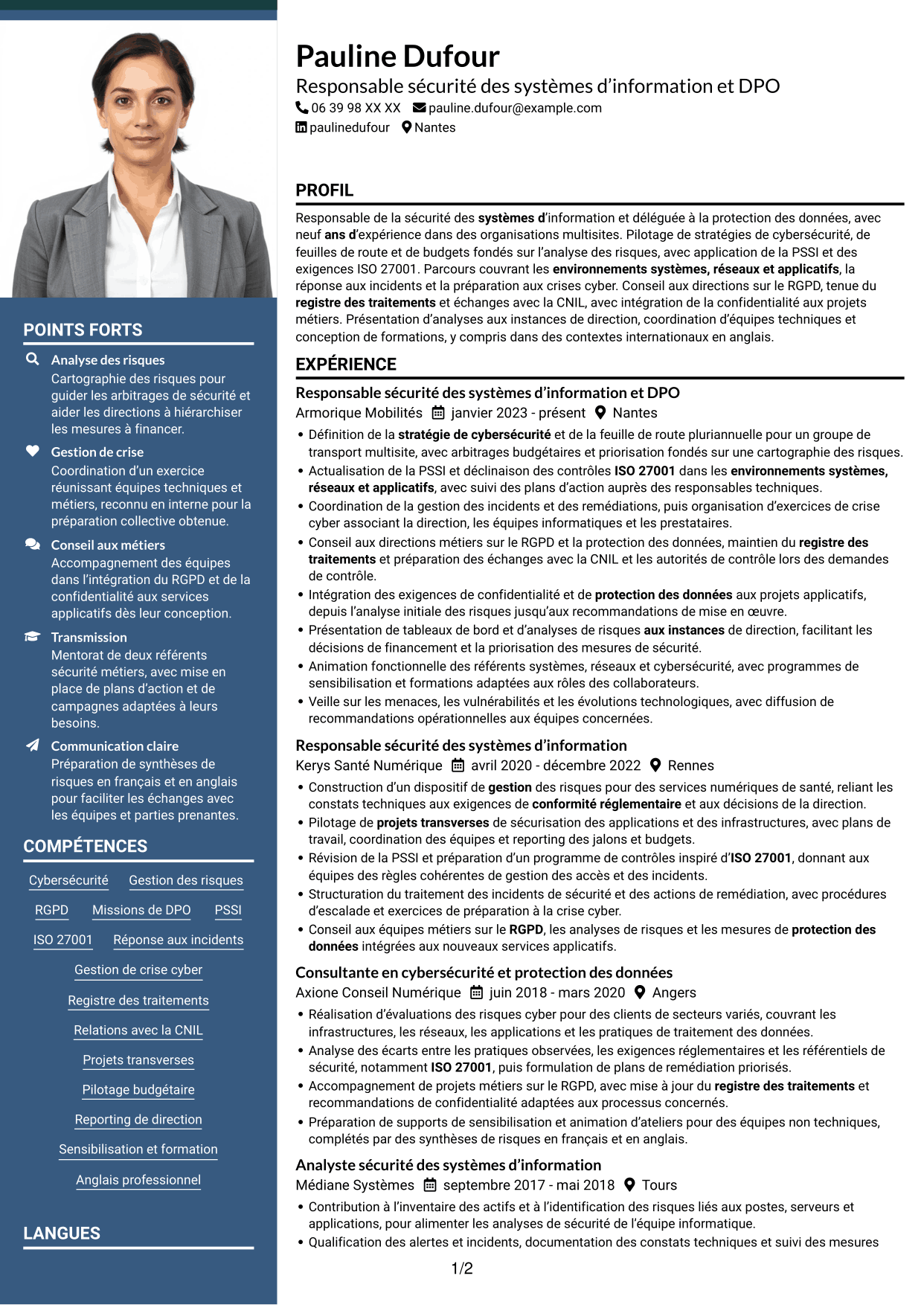 CV Signature (format à colonne latérale colorée avec grande photo) : Responsable de la sécurité des systèmes d’information - Cybersécurité et protection des données, page 1