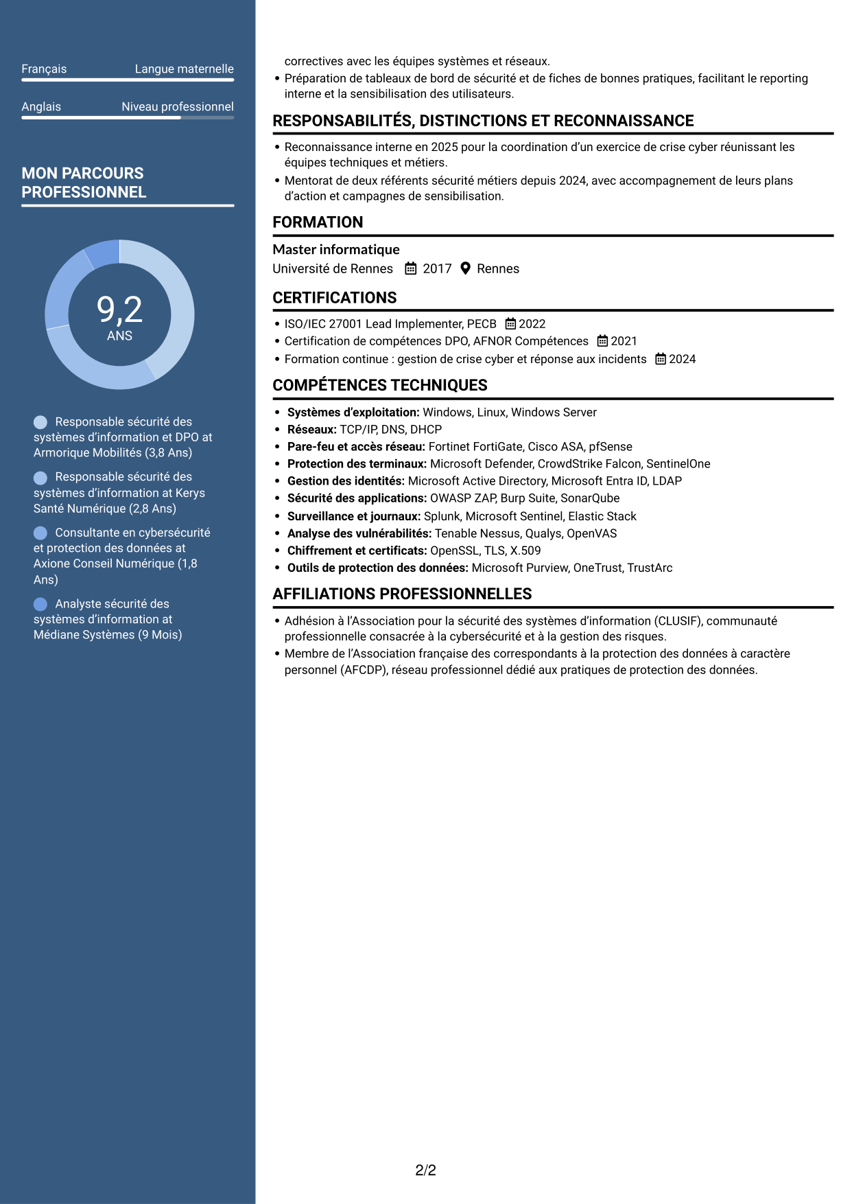 CV Signature (format à colonne latérale colorée avec grande photo) : Responsable de la sécurité des systèmes d’information - Cybersécurité et protection des données, page 2
