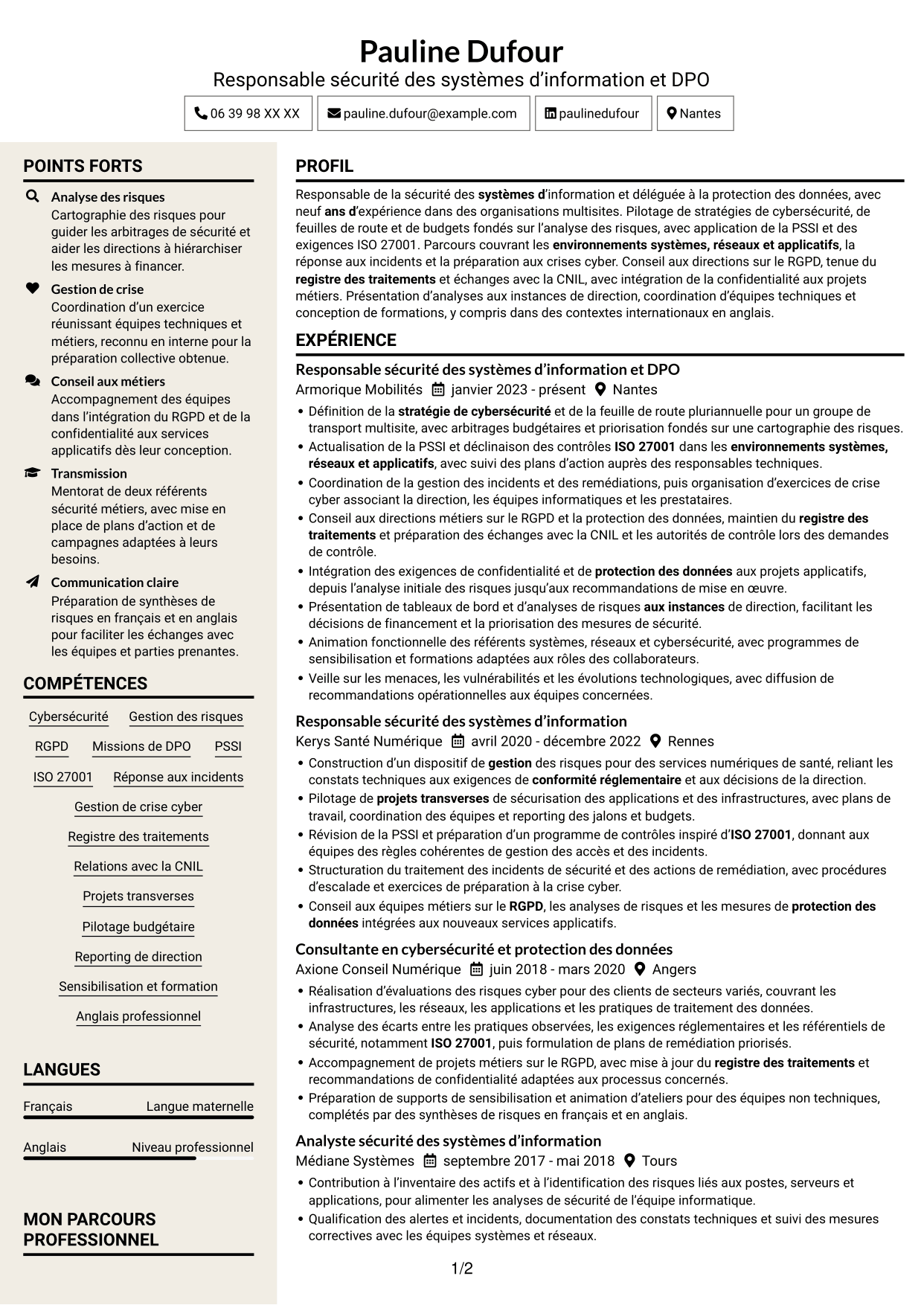 CV Fonceur (format à deux colonnes avec en-tête centré sans photo) : Responsable de la sécurité des systèmes d’information - Cybersécurité et protection des données, page 1