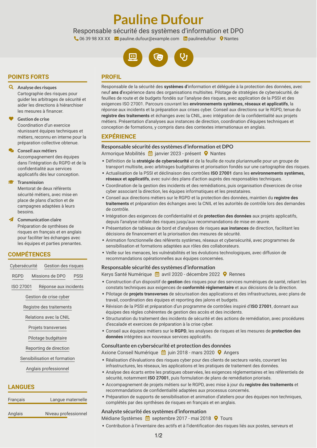 CV Dynamique (format à deux colonnes avec icônes) : Responsable de la sécurité des systèmes d’information - Cybersécurité et protection des données, page 1