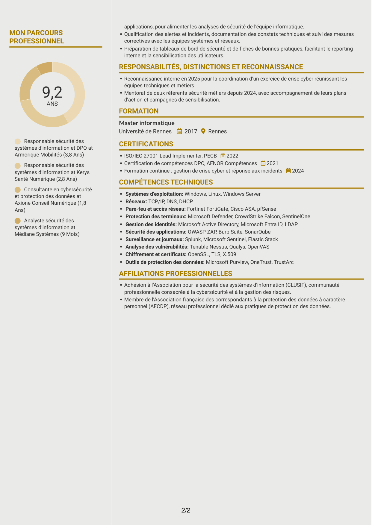CV Dynamique (format à deux colonnes avec icônes) : Responsable de la sécurité des systèmes d’information - Cybersécurité et protection des données, page 2