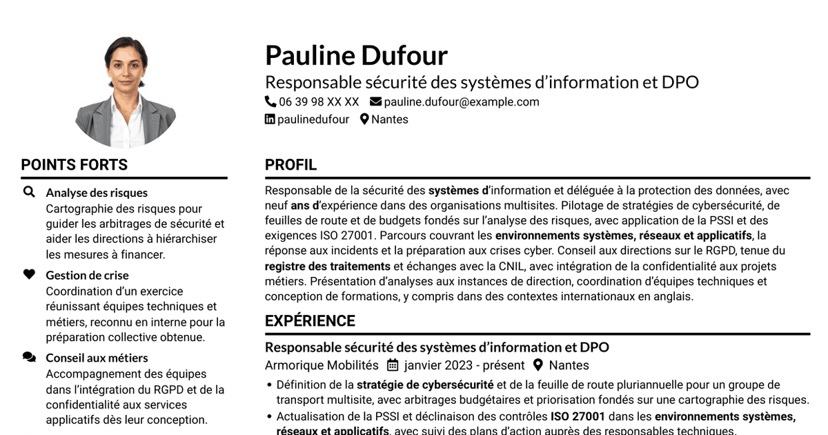 7 modèles de CV pour Responsable de la sécurité des systèmes d’information - Cybersécurité et protection des données, avec exemples
