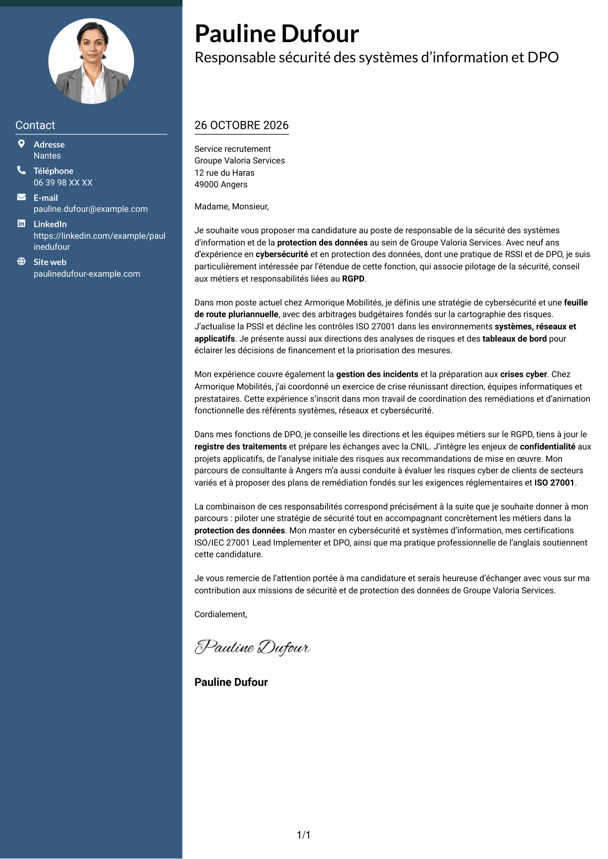 Lettre de motivation Élégant (format à colonne latérale colorée avec photo) : Responsable de la sécurité des systèmes d’information - Cybersécurité et protection des données, page 1