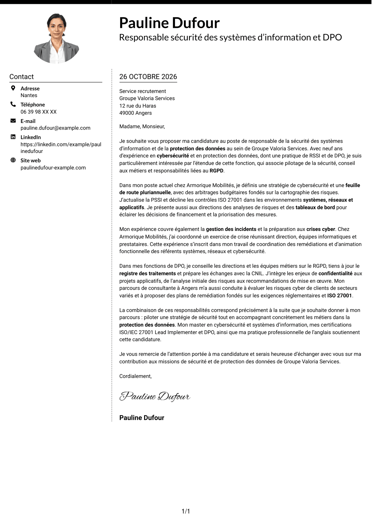 Lettre de motivation Moderne (format à deux colonnes avec photo à gauche et séparateur) : Responsable de la sécurité des systèmes d’information - Cybersécurité et protection des données, page 1