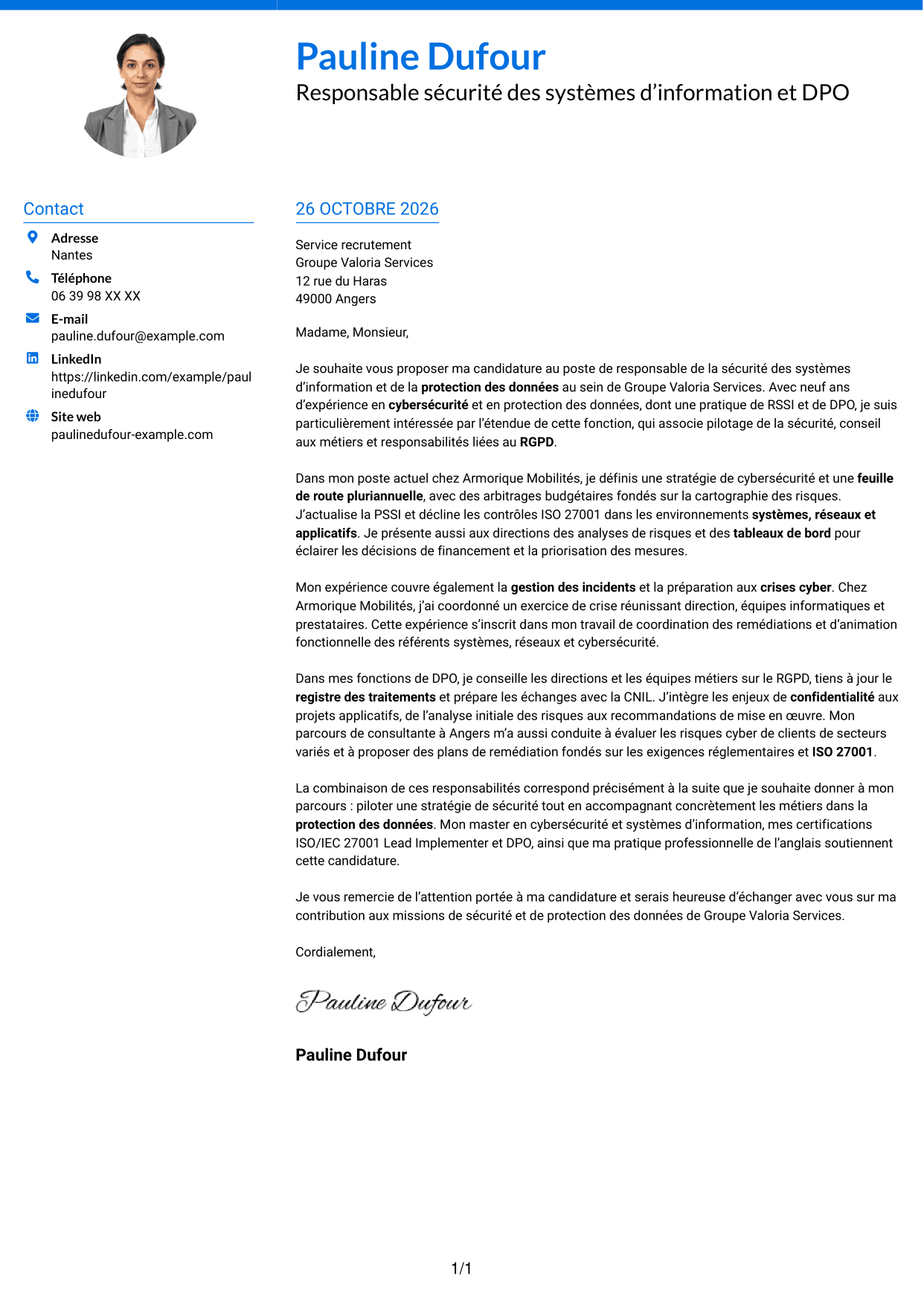 Lettre de motivation Audacieux (format à deux colonnes avec accents colorés et photo) : Responsable de la sécurité des systèmes d’information - Cybersécurité et protection des données, page 1