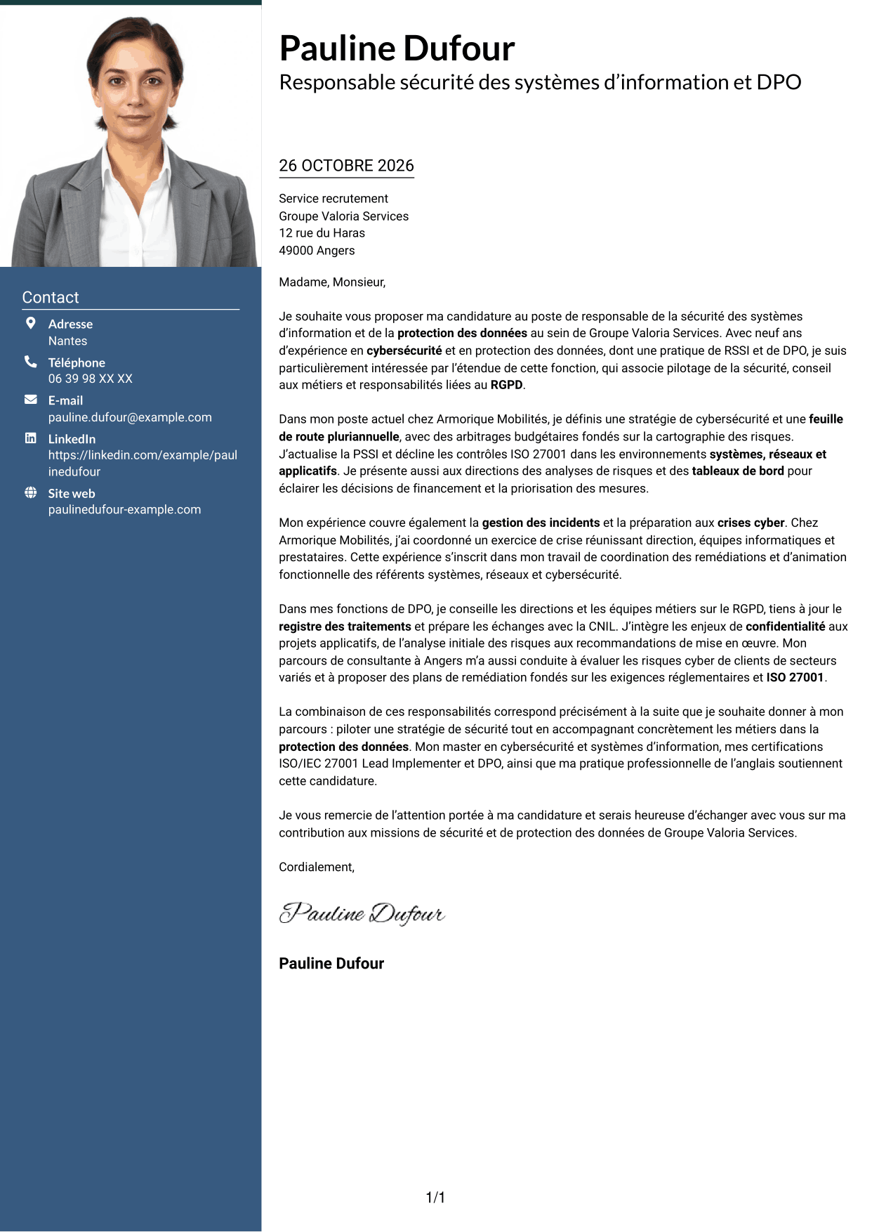 Lettre de motivation Signature (format à colonne latérale colorée avec grande photo) : Responsable de la sécurité des systèmes d’information - Cybersécurité et protection des données, page 1