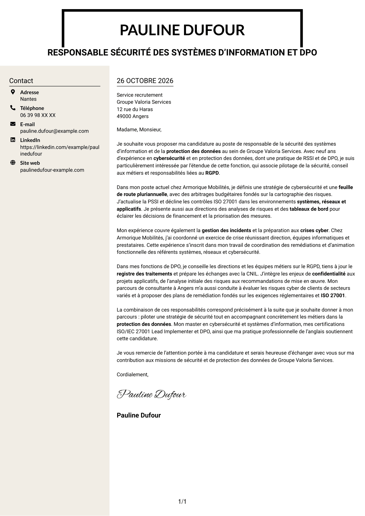 Lettre de motivation Fonceur (format à deux colonnes avec en-tête centré sans photo) : Responsable de la sécurité des systèmes d’information - Cybersécurité et protection des données, page 1