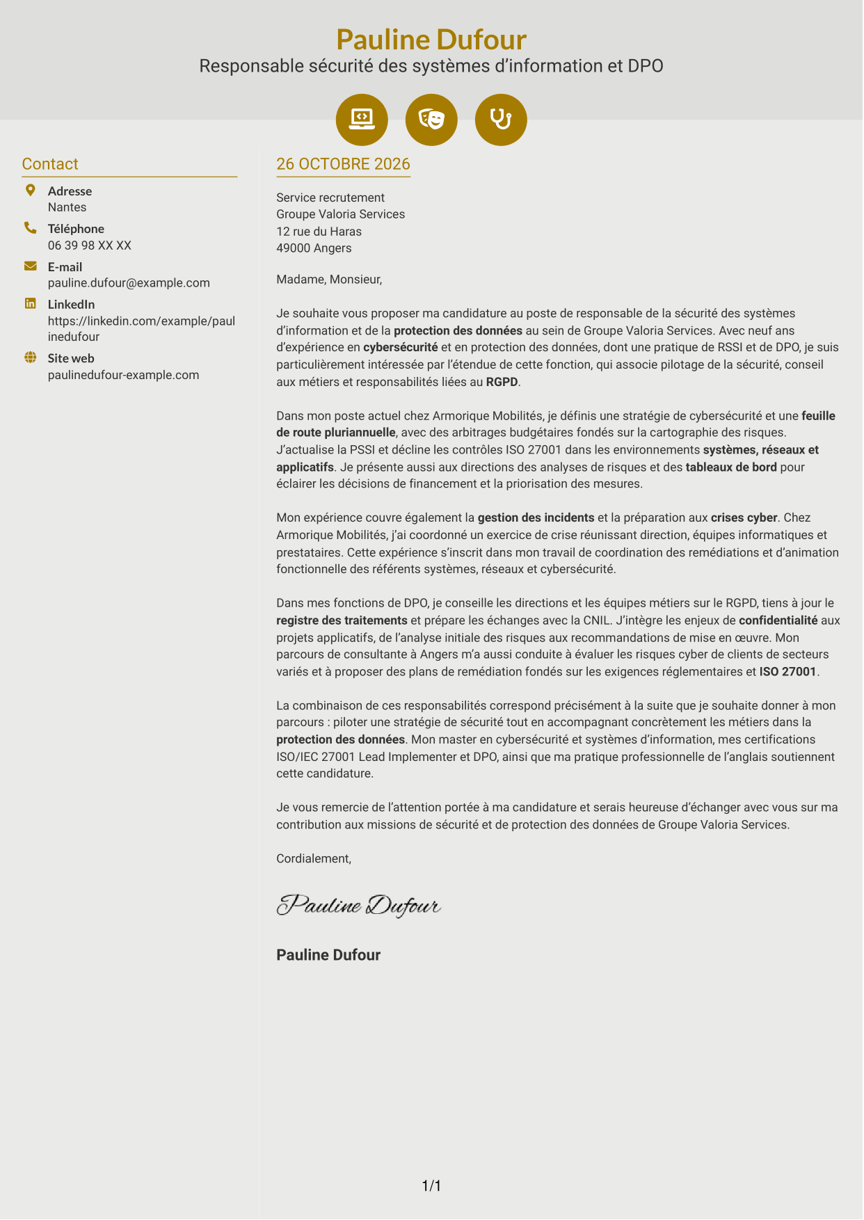 Lettre de motivation Dynamique (format à deux colonnes avec icônes) : Responsable de la sécurité des systèmes d’information - Cybersécurité et protection des données, page 1