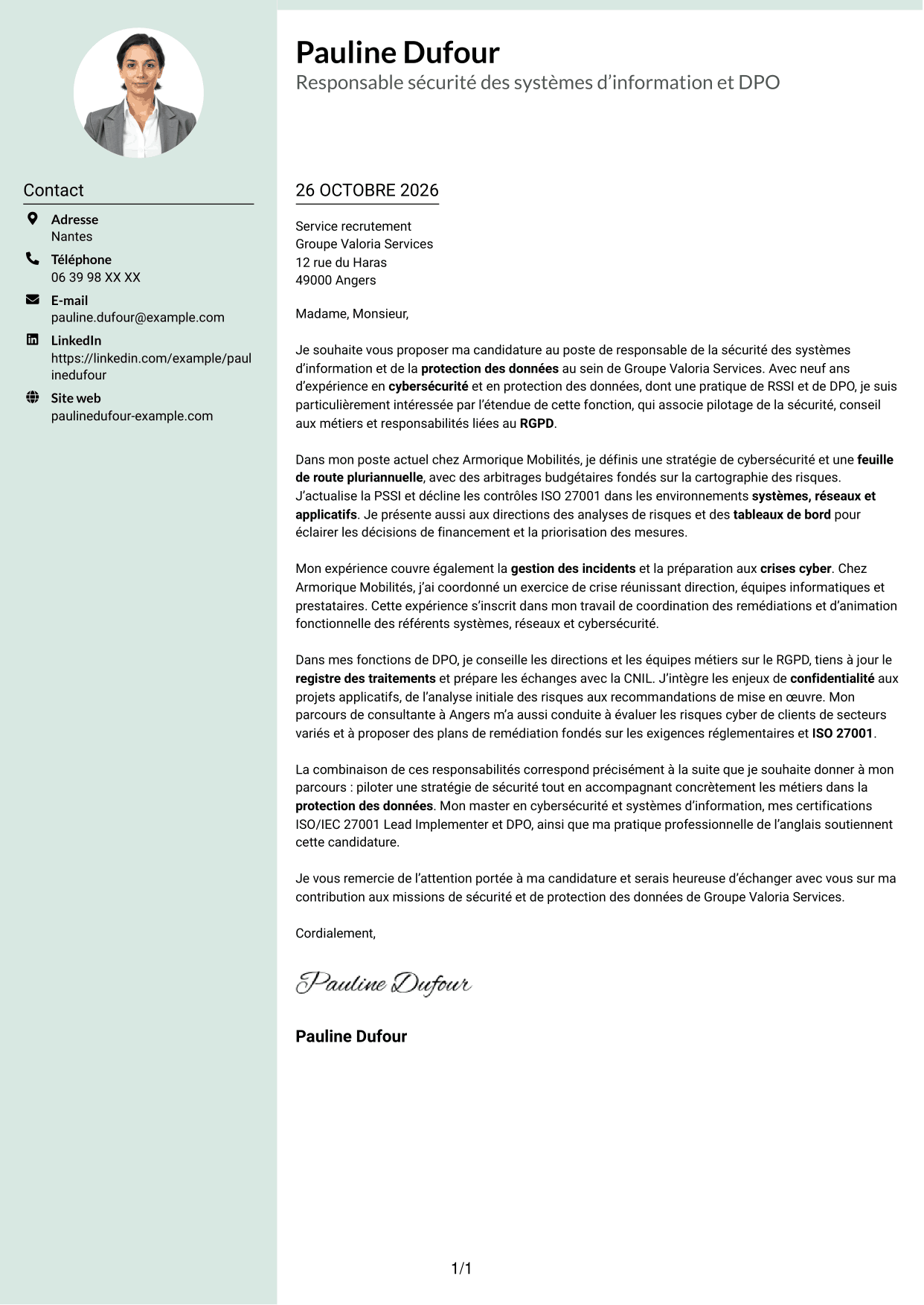 Lettre de motivation Cadre (format à colonne latérale douce avec photo arrondie) : Responsable de la sécurité des systèmes d’information - Cybersécurité et protection des données, page 1