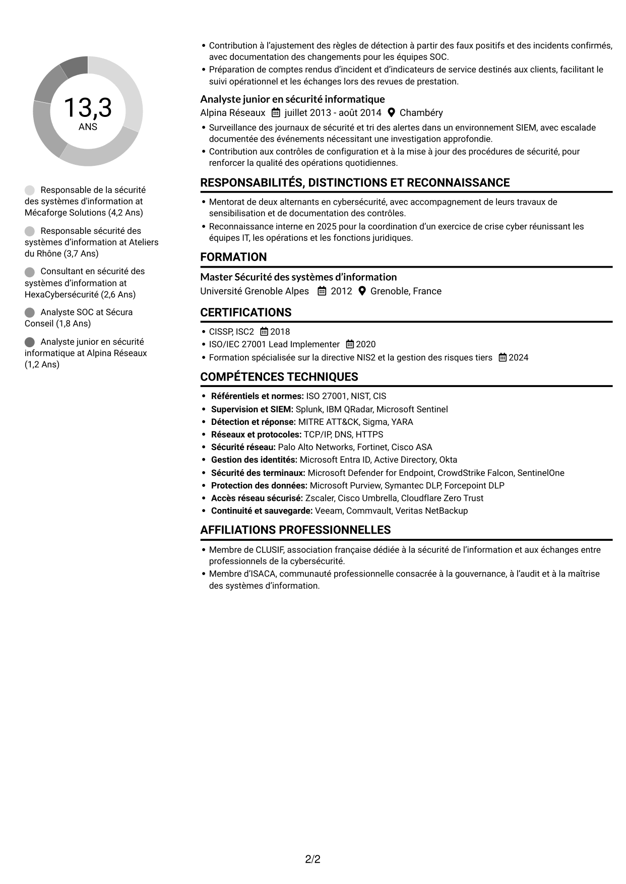 CV Compact (format sobre à deux colonnes avec photo) : Responsable de la sécurité des systèmes d'information - Cybersécurité industrielle, page 2