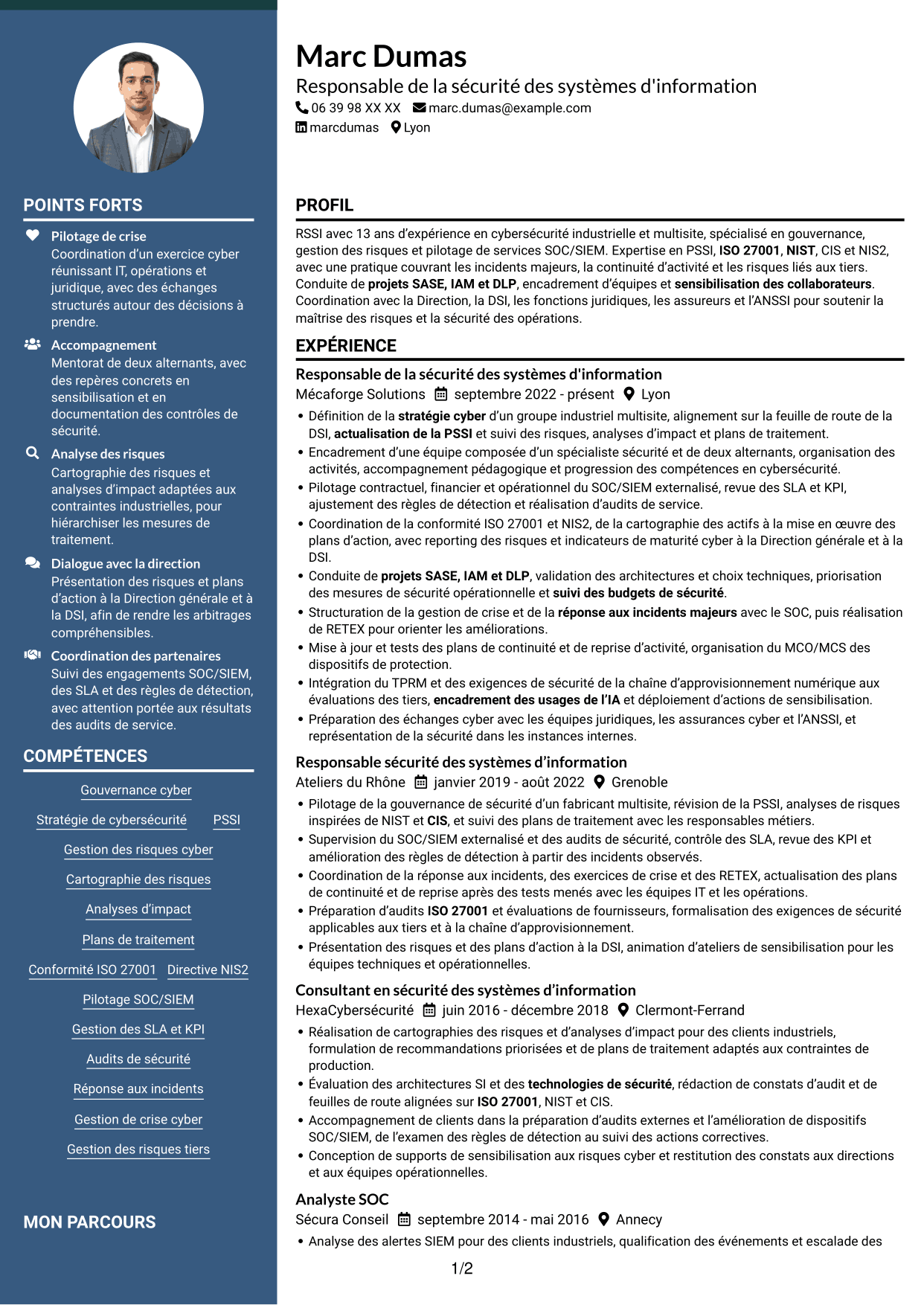 CV Élégant (format à colonne latérale colorée avec photo) : Responsable de la sécurité des systèmes d'information - Cybersécurité industrielle, page 1