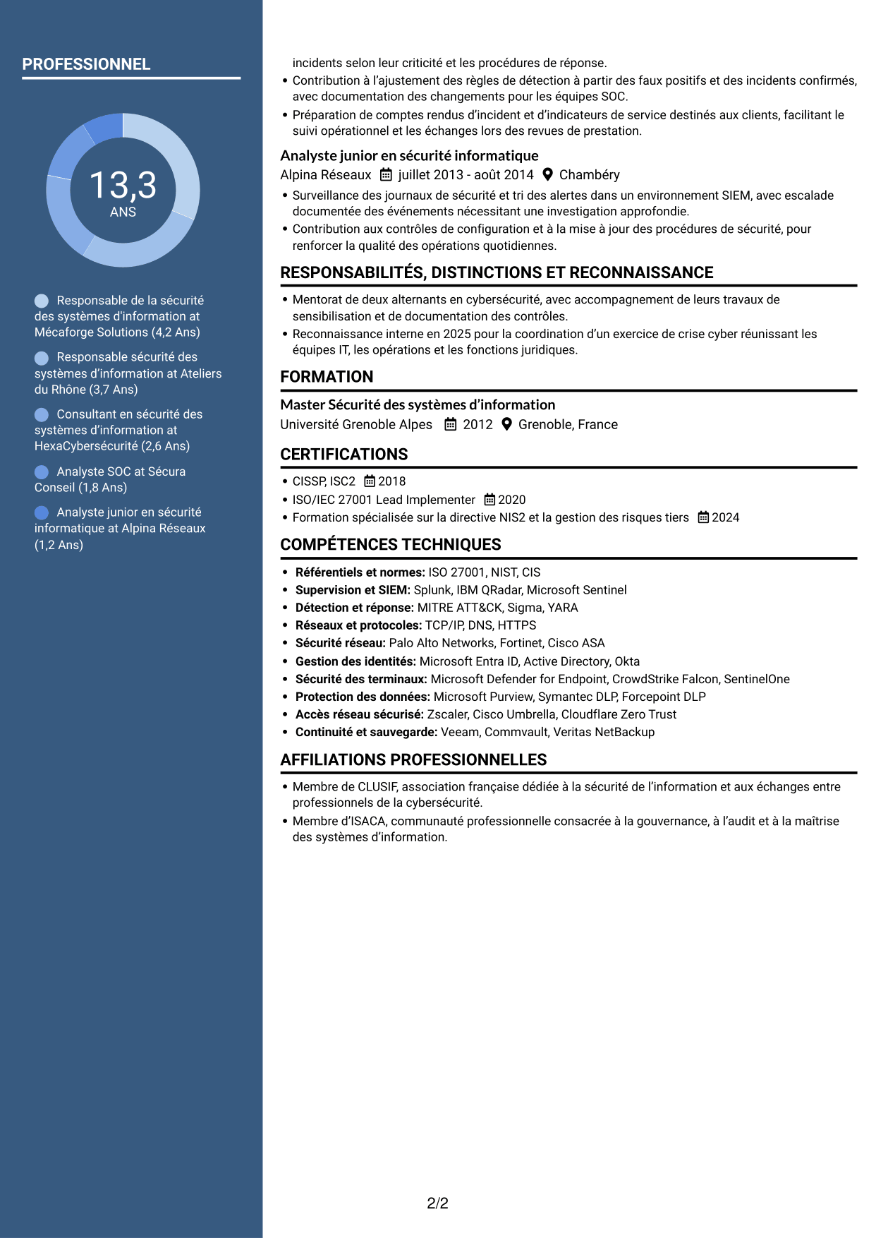 CV Élégant (format à colonne latérale colorée avec photo) : Responsable de la sécurité des systèmes d'information - Cybersécurité industrielle, page 2