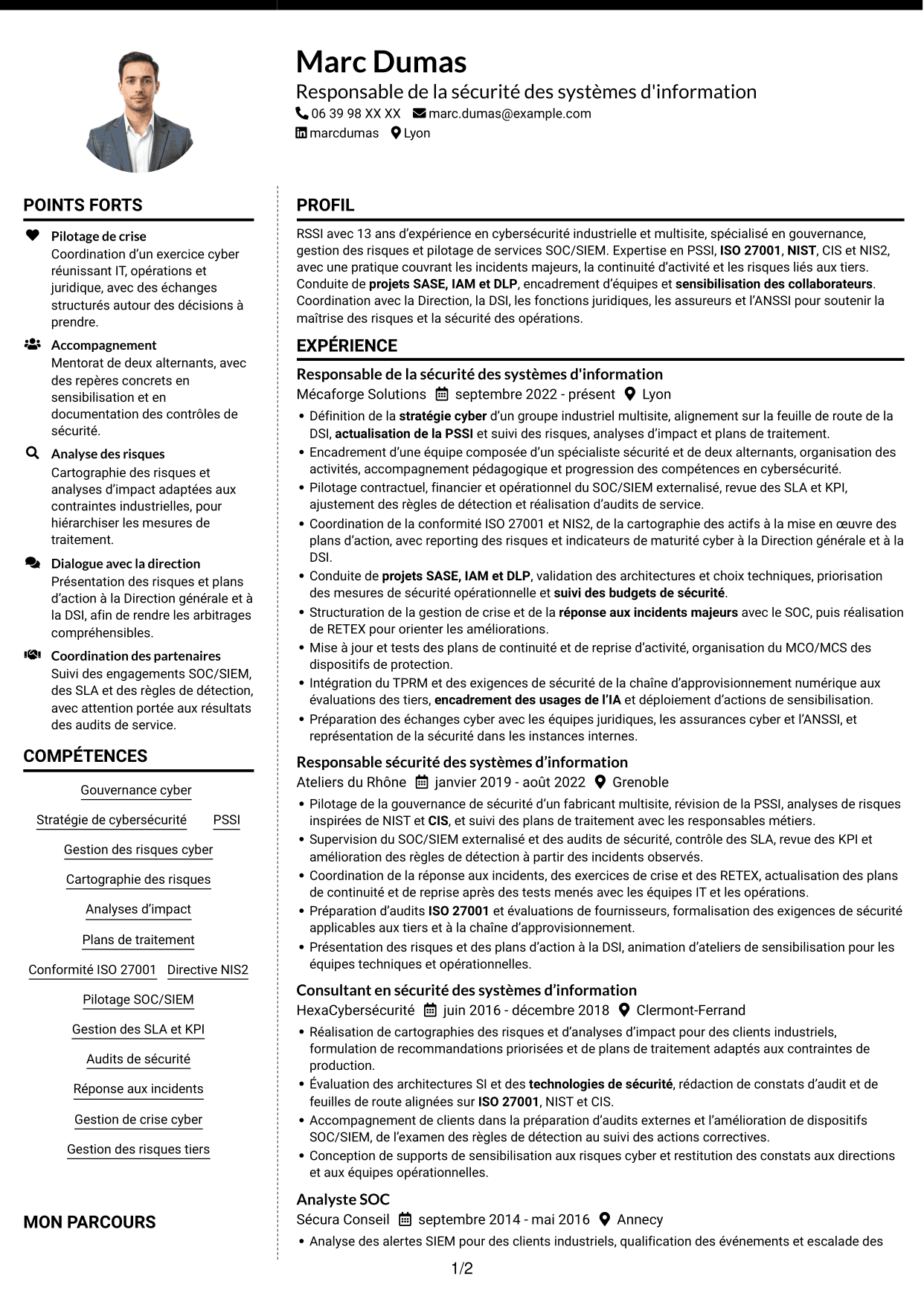 CV Moderne (format à deux colonnes avec photo à gauche et séparateur) : Responsable de la sécurité des systèmes d'information - Cybersécurité industrielle, page 1