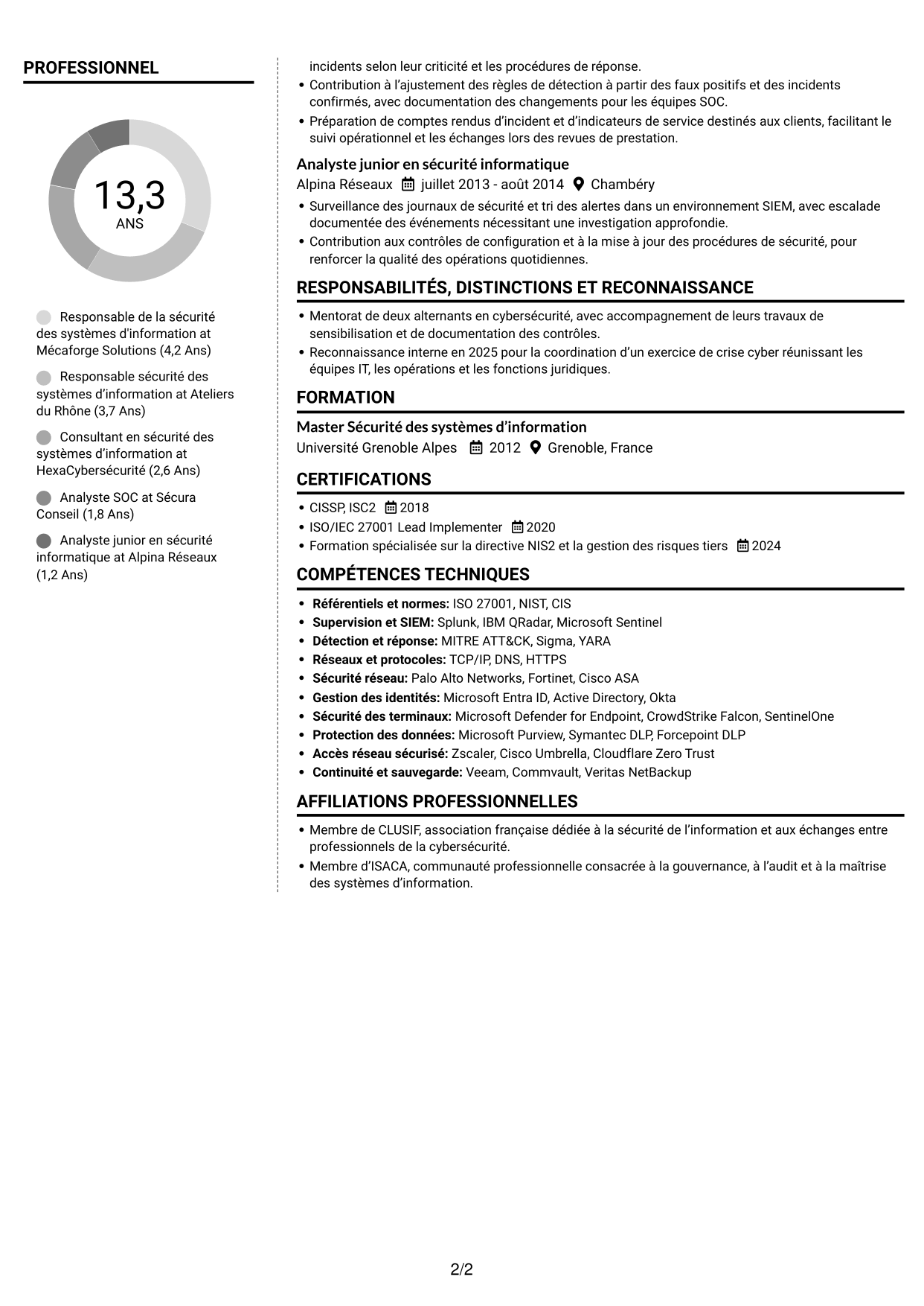 CV Moderne (format à deux colonnes avec photo à gauche et séparateur) : Responsable de la sécurité des systèmes d'information - Cybersécurité industrielle, page 2
