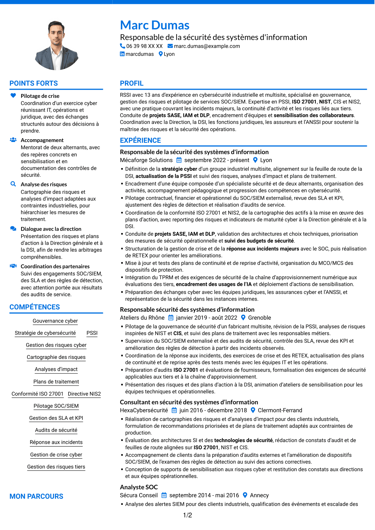 CV Audacieux (format à deux colonnes avec accents colorés et photo) : Responsable de la sécurité des systèmes d'information - Cybersécurité industrielle, page 1