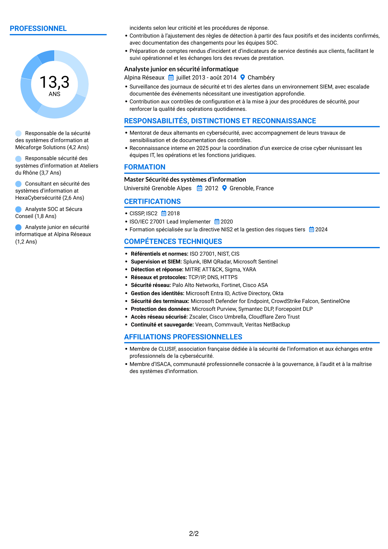 CV Audacieux (format à deux colonnes avec accents colorés et photo) : Responsable de la sécurité des systèmes d'information - Cybersécurité industrielle, page 2
