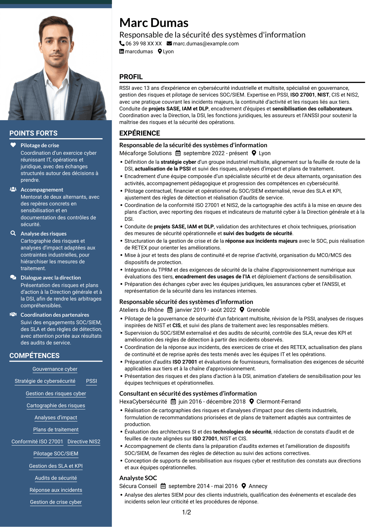 CV Signature (format à colonne latérale colorée avec grande photo) : Responsable de la sécurité des systèmes d'information - Cybersécurité industrielle, page 1
