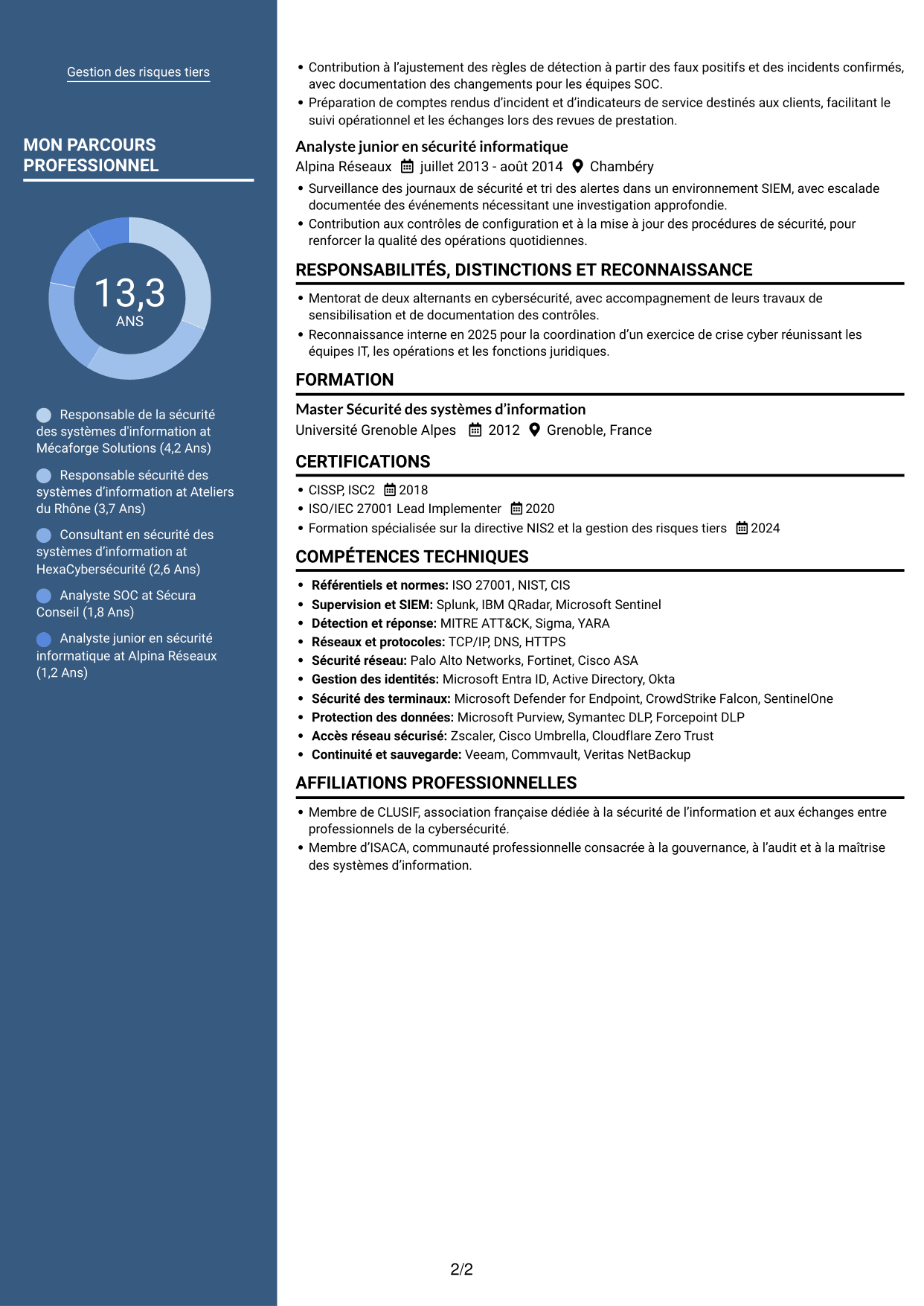 CV Signature (format à colonne latérale colorée avec grande photo) : Responsable de la sécurité des systèmes d'information - Cybersécurité industrielle, page 2