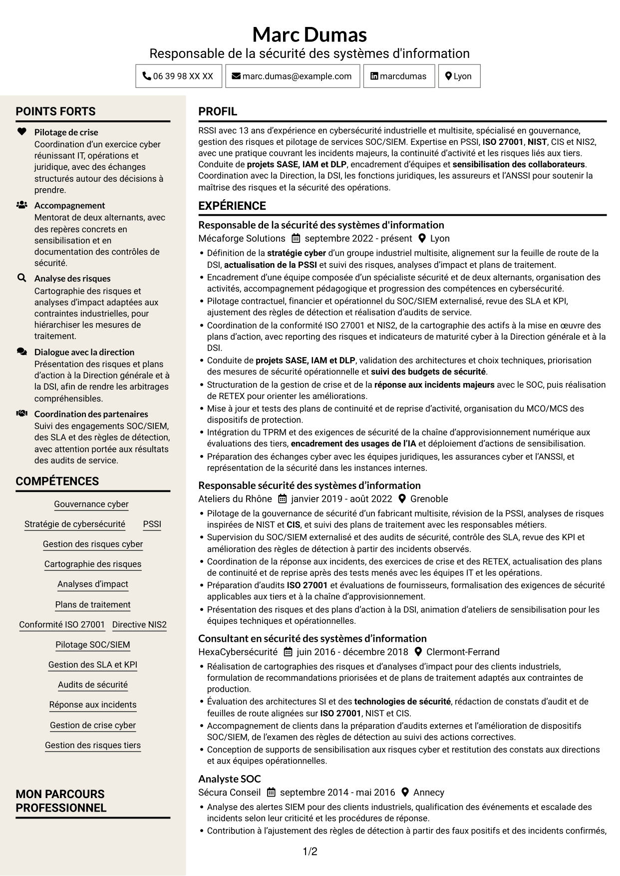 CV Fonceur (format à deux colonnes avec en-tête centré sans photo) : Responsable de la sécurité des systèmes d'information - Cybersécurité industrielle, page 1