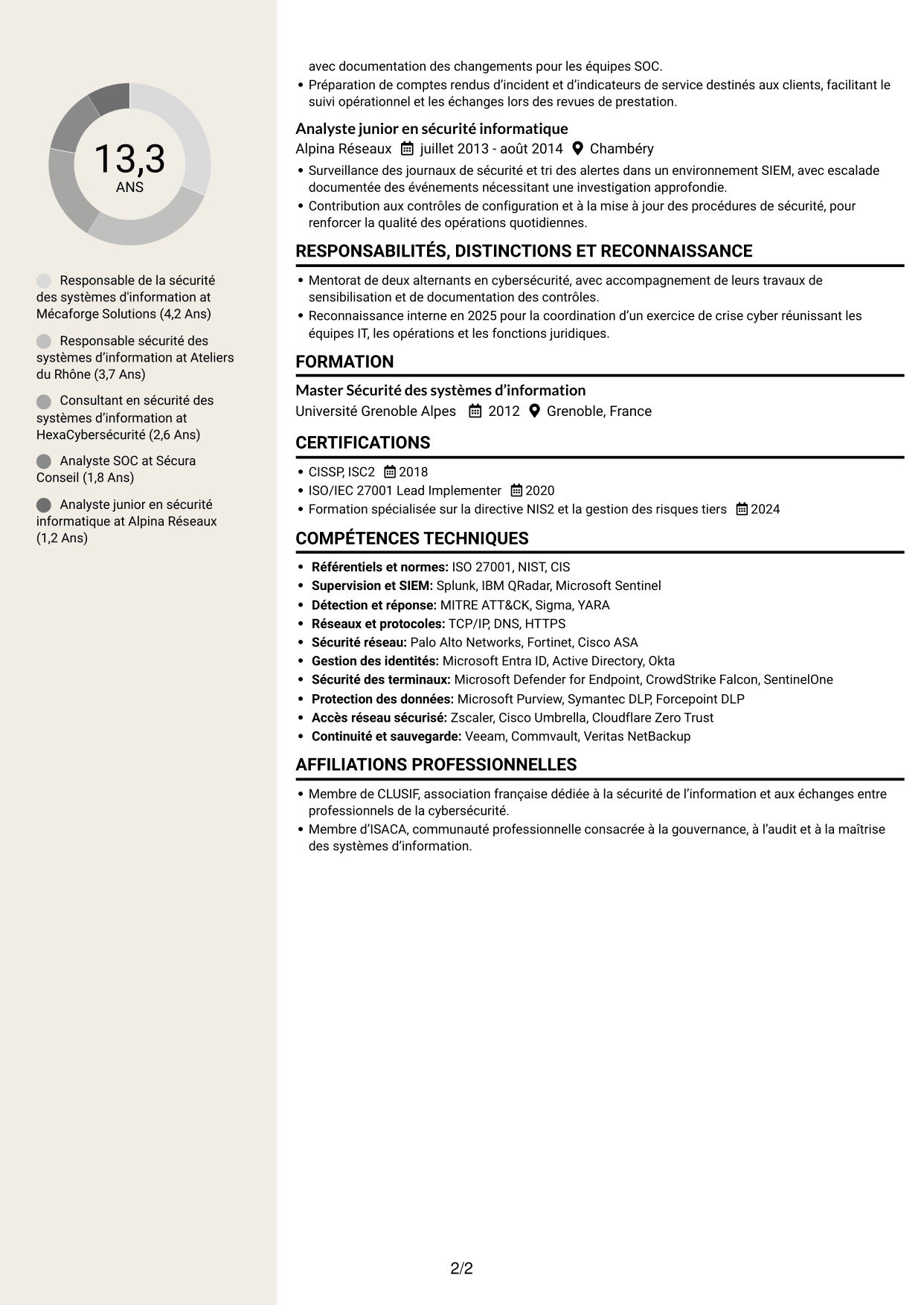 CV Fonceur (format à deux colonnes avec en-tête centré sans photo) : Responsable de la sécurité des systèmes d'information - Cybersécurité industrielle, page 2