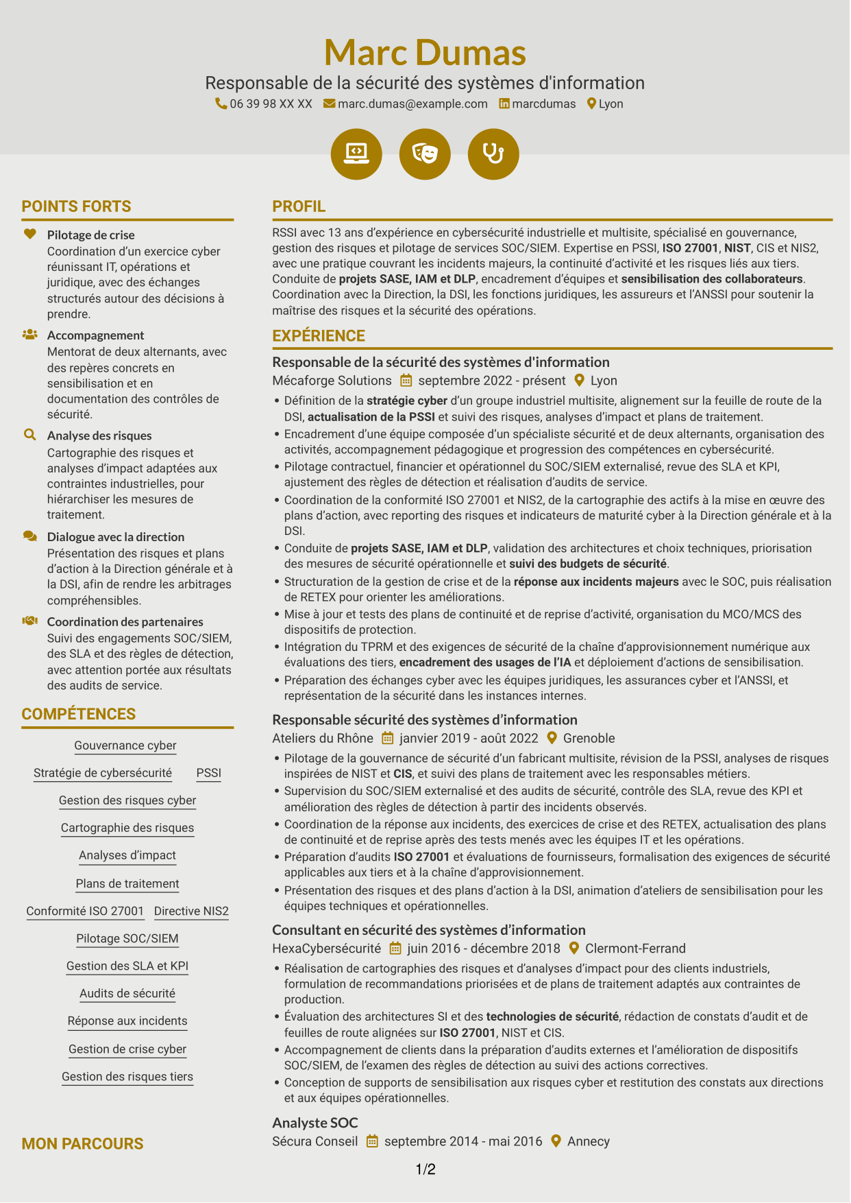 CV Dynamique (format à deux colonnes avec icônes) : Responsable de la sécurité des systèmes d'information - Cybersécurité industrielle, page 1