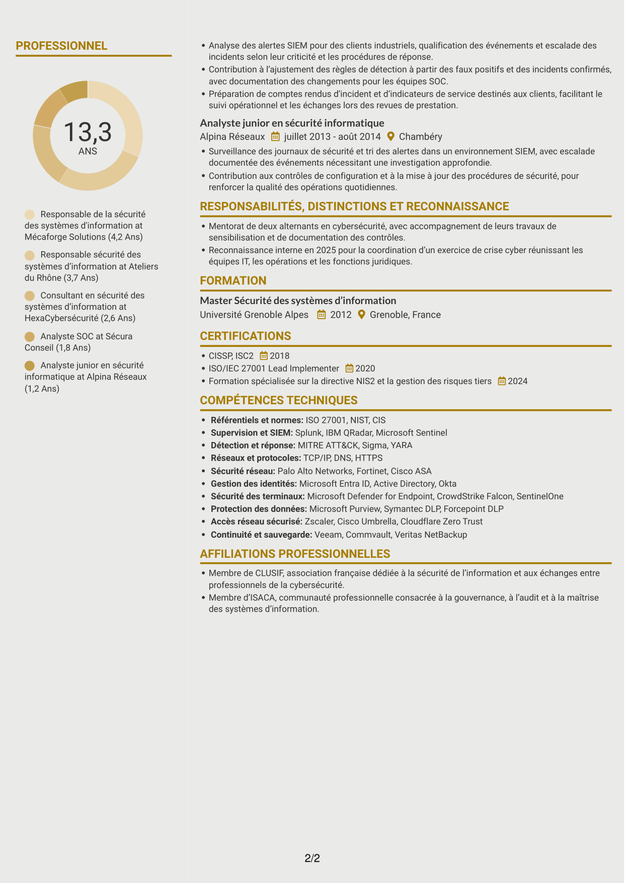 CV Dynamique (format à deux colonnes avec icônes) : Responsable de la sécurité des systèmes d'information - Cybersécurité industrielle, page 2