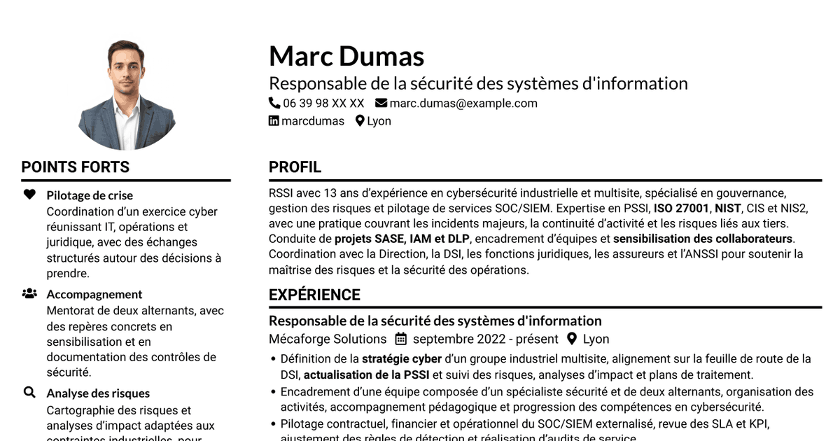 7 modèles de CV pour Responsable de la sécurité des systèmes d'information - Cybersécurité industrielle, avec exemples