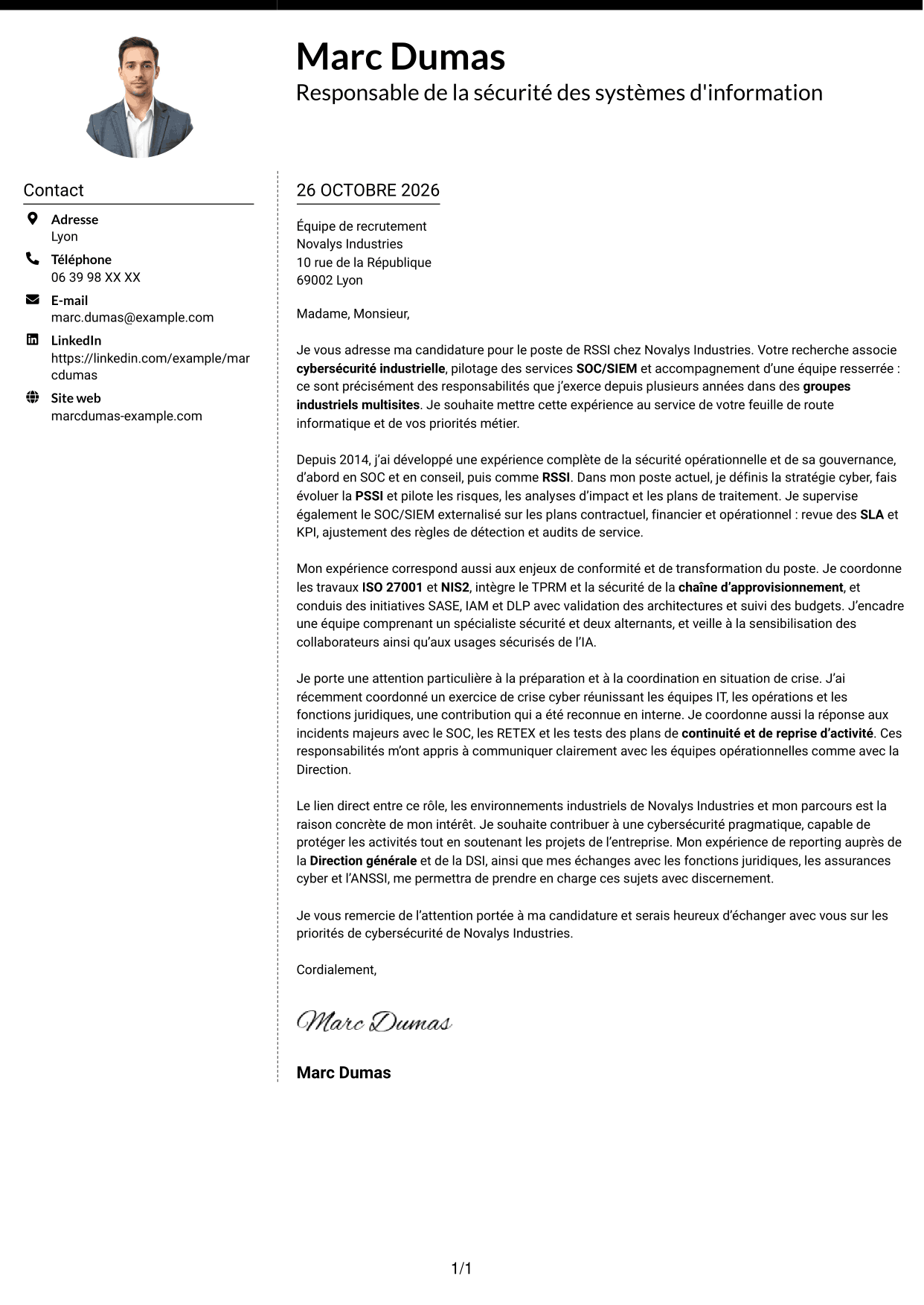 Lettre de motivation Moderne (format à deux colonnes avec photo à gauche et séparateur) : Responsable de la sécurité des systèmes d'information - Cybersécurité industrielle, page 1