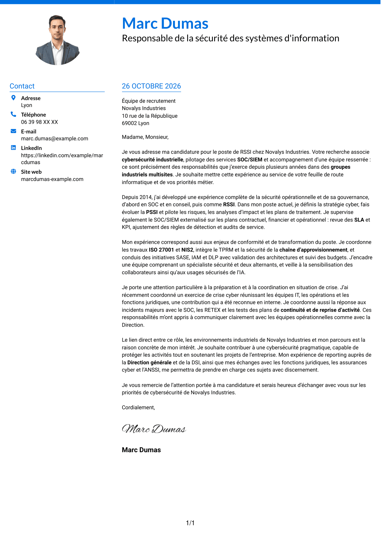 Lettre de motivation Audacieux (format à deux colonnes avec accents colorés et photo) : Responsable de la sécurité des systèmes d'information - Cybersécurité industrielle, page 1