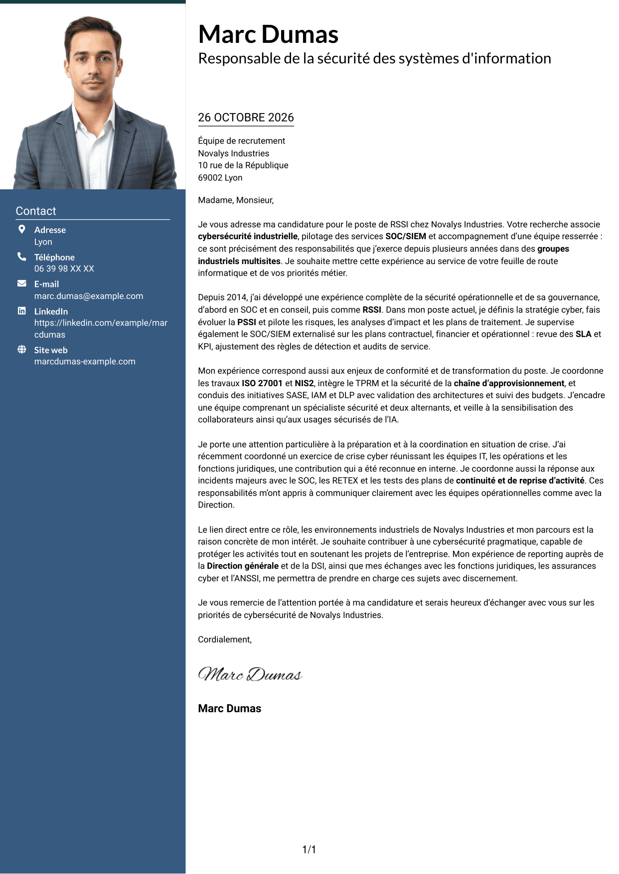 Lettre de motivation Signature (format à colonne latérale colorée avec grande photo) : Responsable de la sécurité des systèmes d'information - Cybersécurité industrielle, page 1