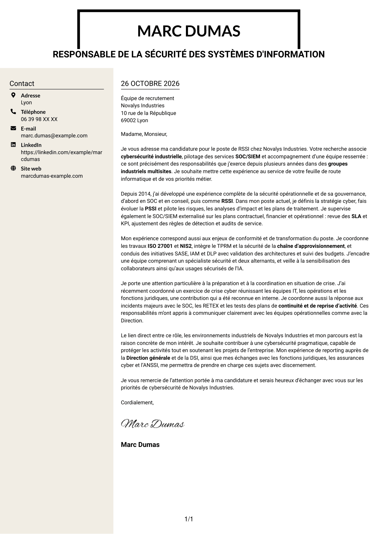 Lettre de motivation Fonceur (format à deux colonnes avec en-tête centré sans photo) : Responsable de la sécurité des systèmes d'information - Cybersécurité industrielle, page 1