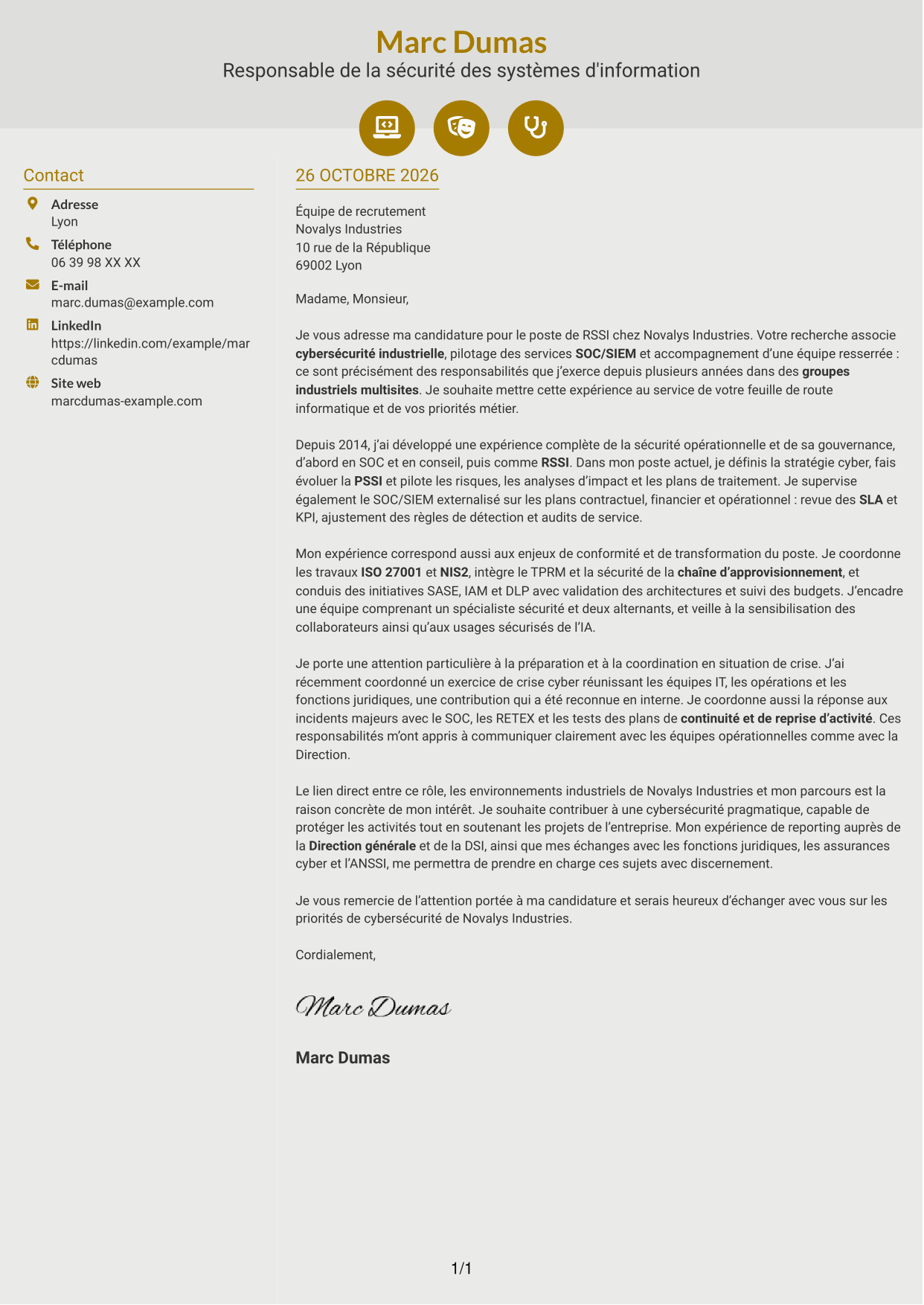 Lettre de motivation Dynamique (format à deux colonnes avec icônes) : Responsable de la sécurité des systèmes d'information - Cybersécurité industrielle, page 1