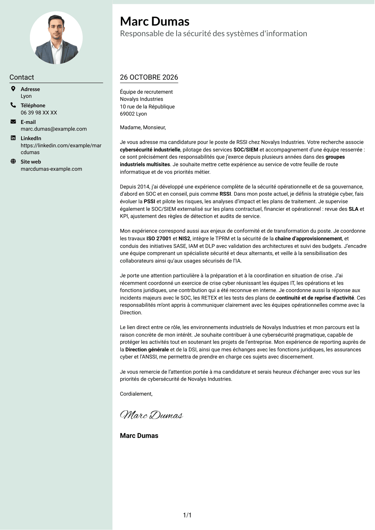 Lettre de motivation Cadre (format à colonne latérale douce avec photo arrondie) : Responsable de la sécurité des systèmes d'information - Cybersécurité industrielle, page 1