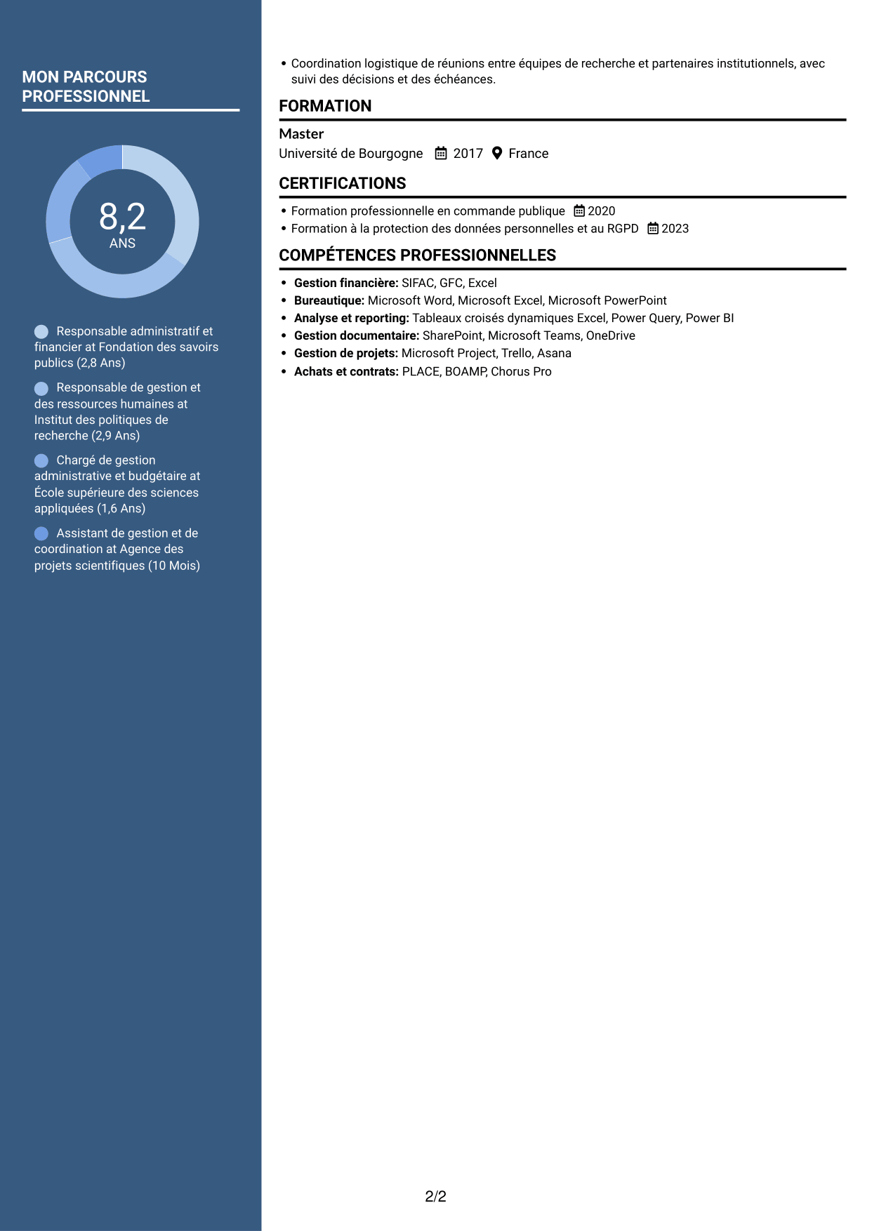 CV Élégant (format à colonne latérale colorée avec photo) : Responsable de l'administration et du pilotage - Gestion publique et RH, page 2