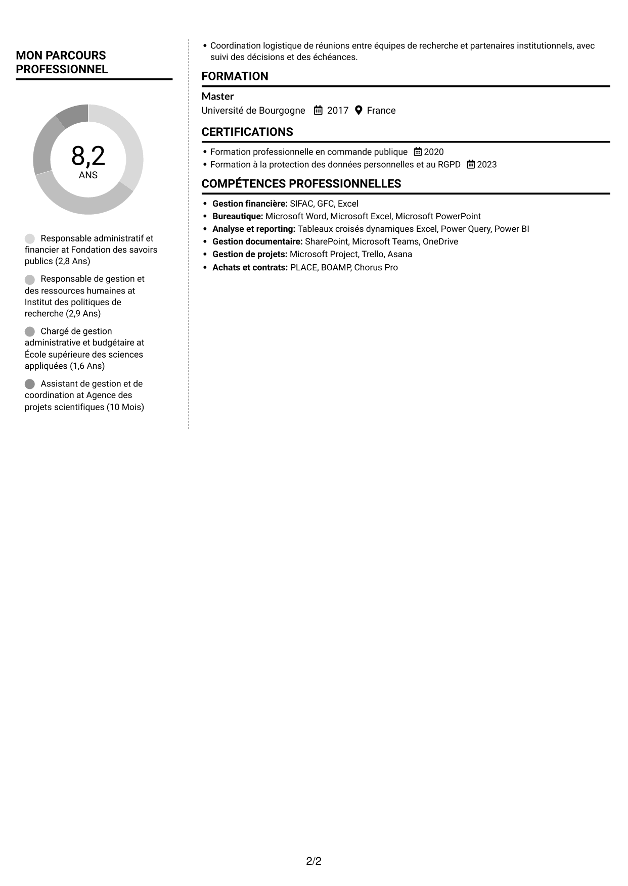 CV Moderne (format à deux colonnes avec photo à gauche et séparateur) : Responsable de l'administration et du pilotage - Gestion publique et RH, page 2