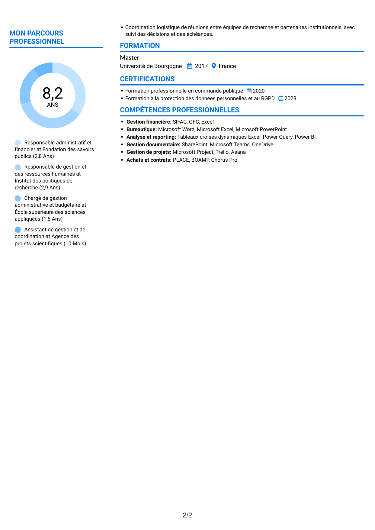 CV Audacieux (format à deux colonnes avec accents colorés et photo) : Responsable de l'administration et du pilotage - Gestion publique et RH, page 2