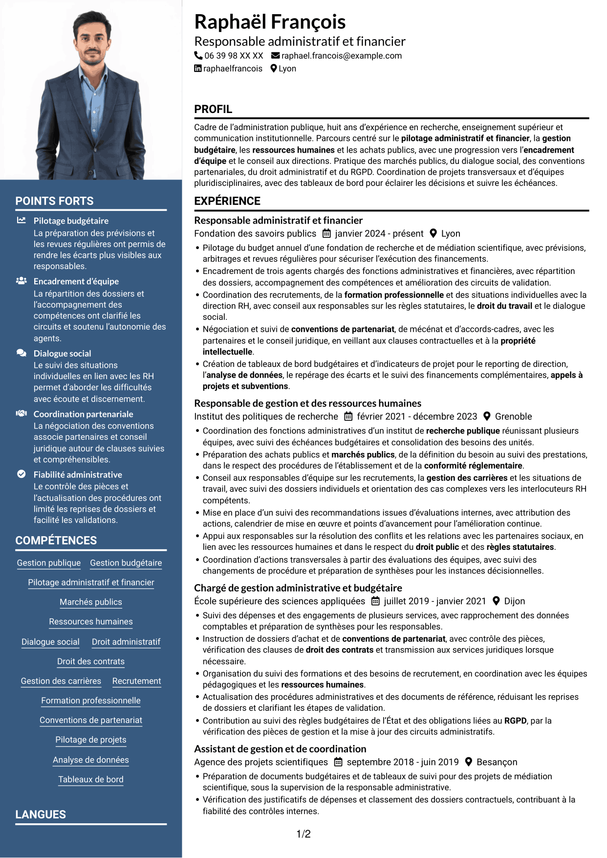CV Signature (format à colonne latérale colorée avec grande photo) : Responsable de l'administration et du pilotage - Gestion publique et RH, page 1