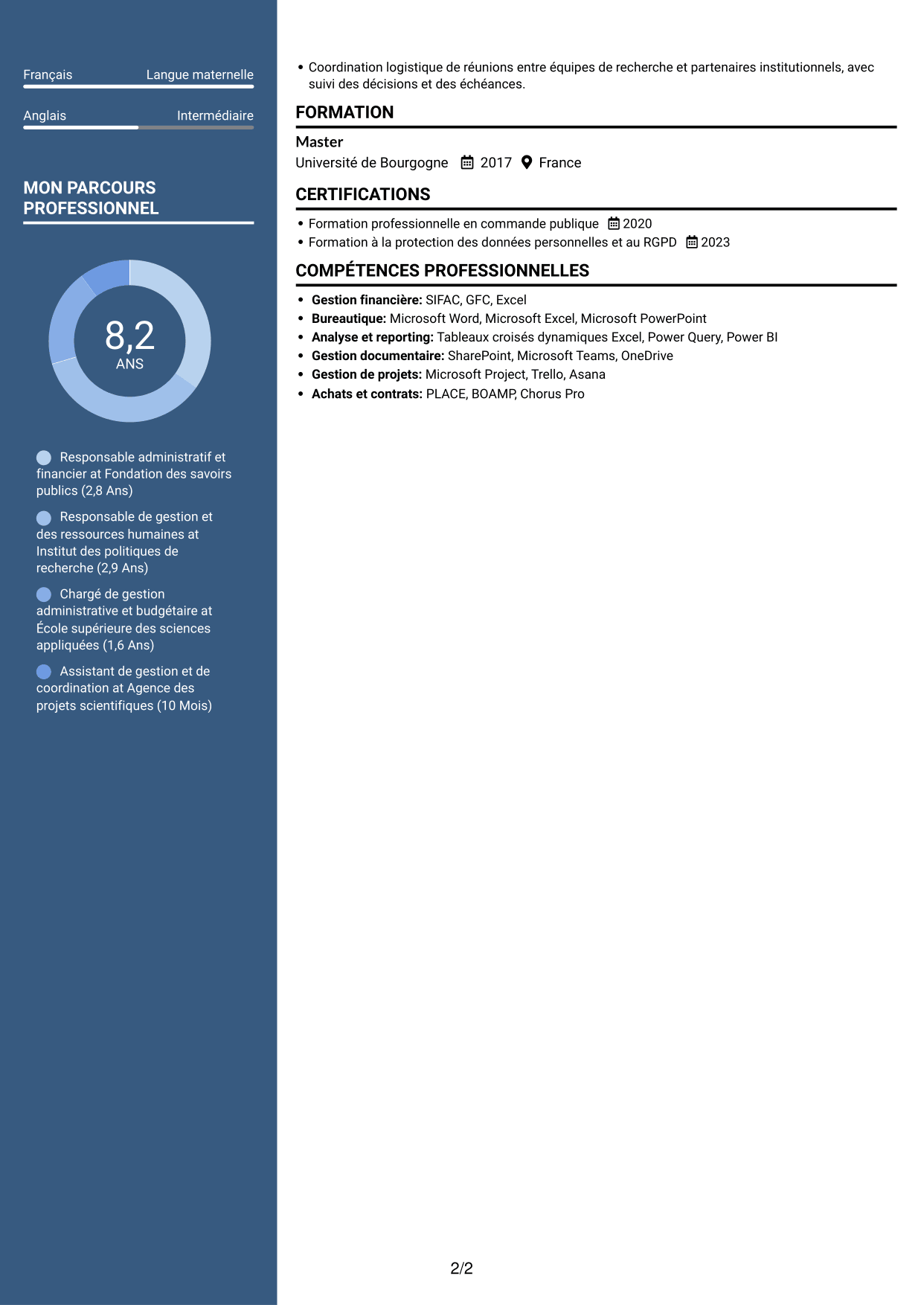 CV Signature (format à colonne latérale colorée avec grande photo) : Responsable de l'administration et du pilotage - Gestion publique et RH, page 2