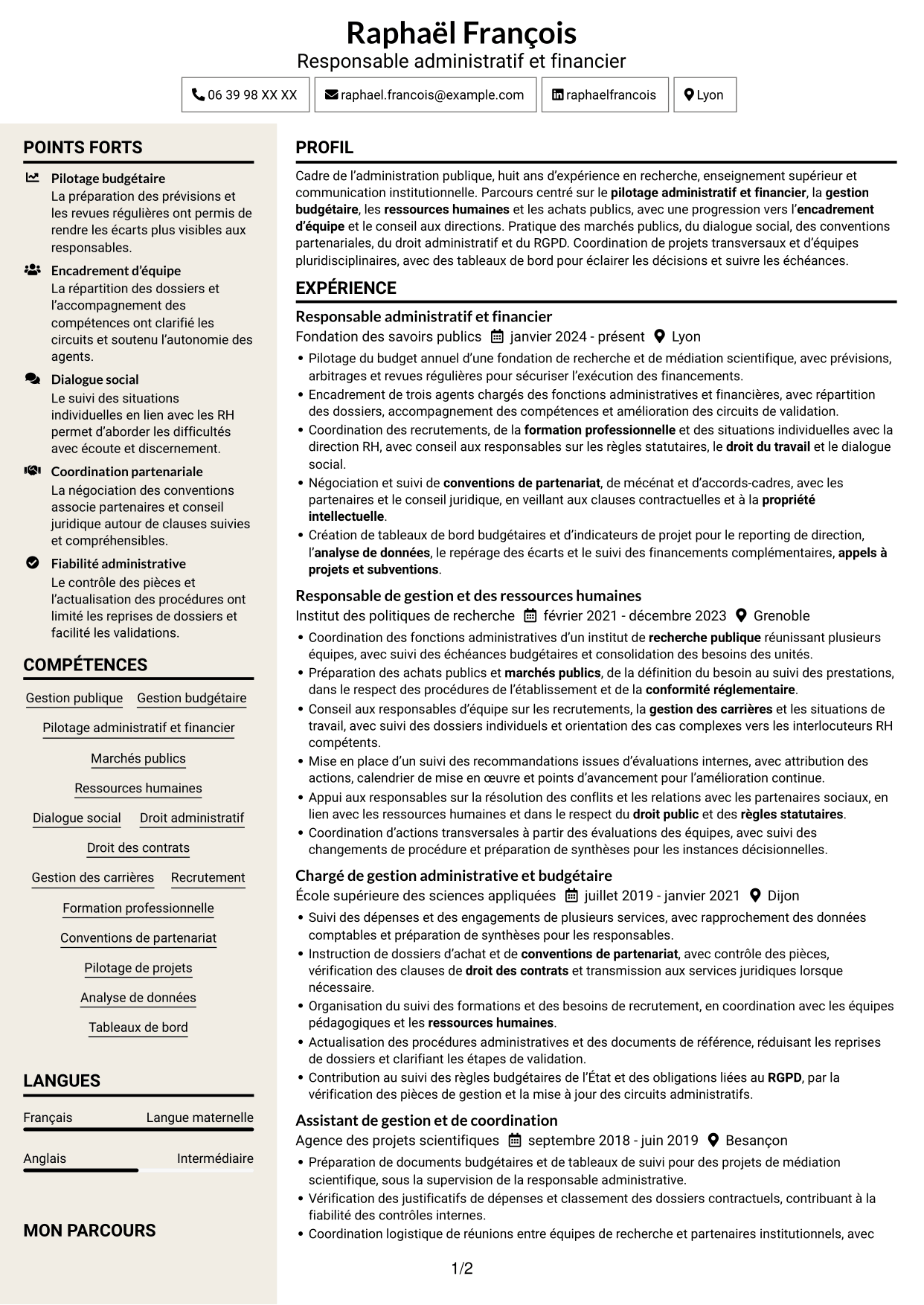 CV Fonceur (format à deux colonnes avec en-tête centré sans photo) : Responsable de l'administration et du pilotage - Gestion publique et RH, page 1