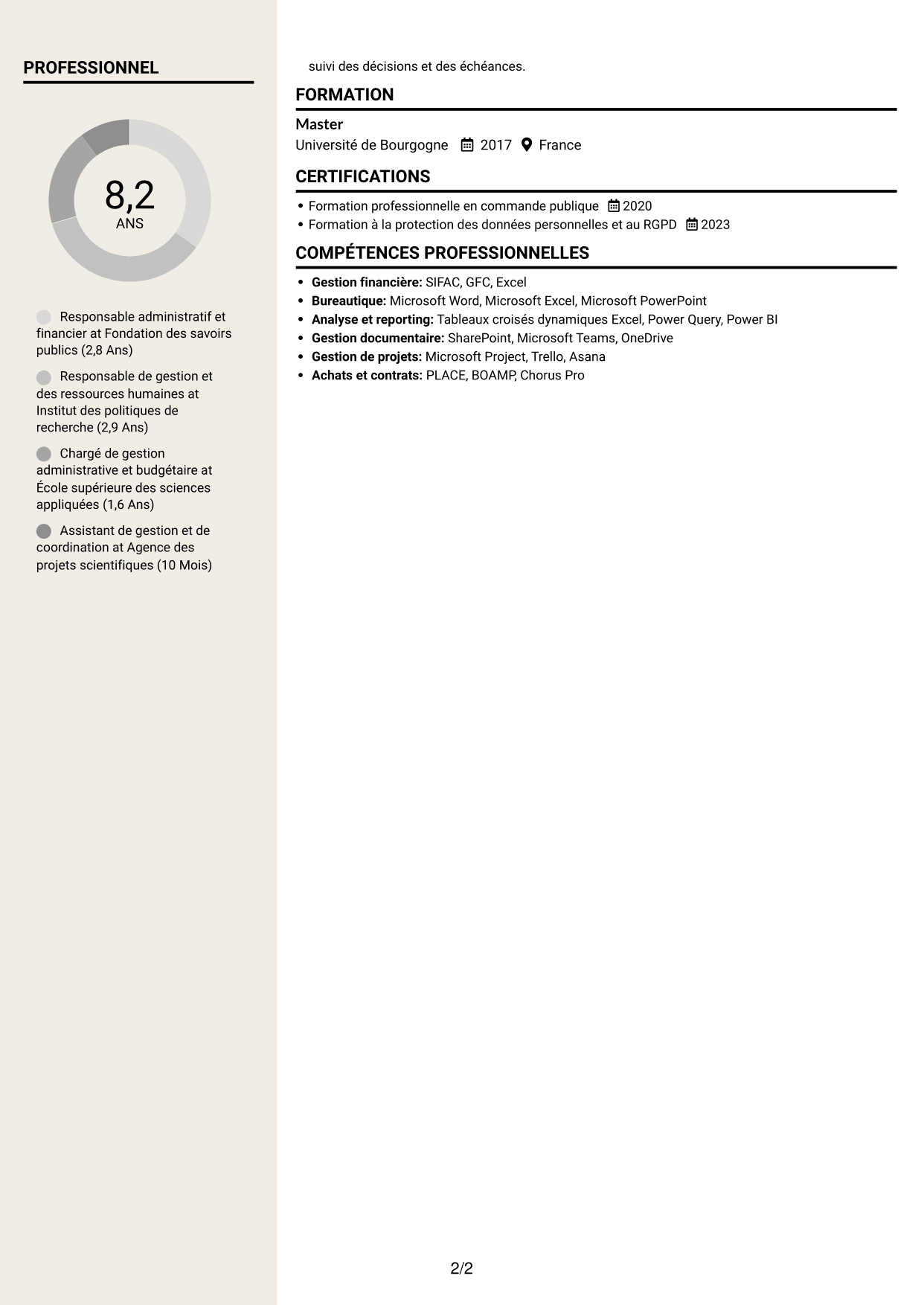 CV Fonceur (format à deux colonnes avec en-tête centré sans photo) : Responsable de l'administration et du pilotage - Gestion publique et RH, page 2