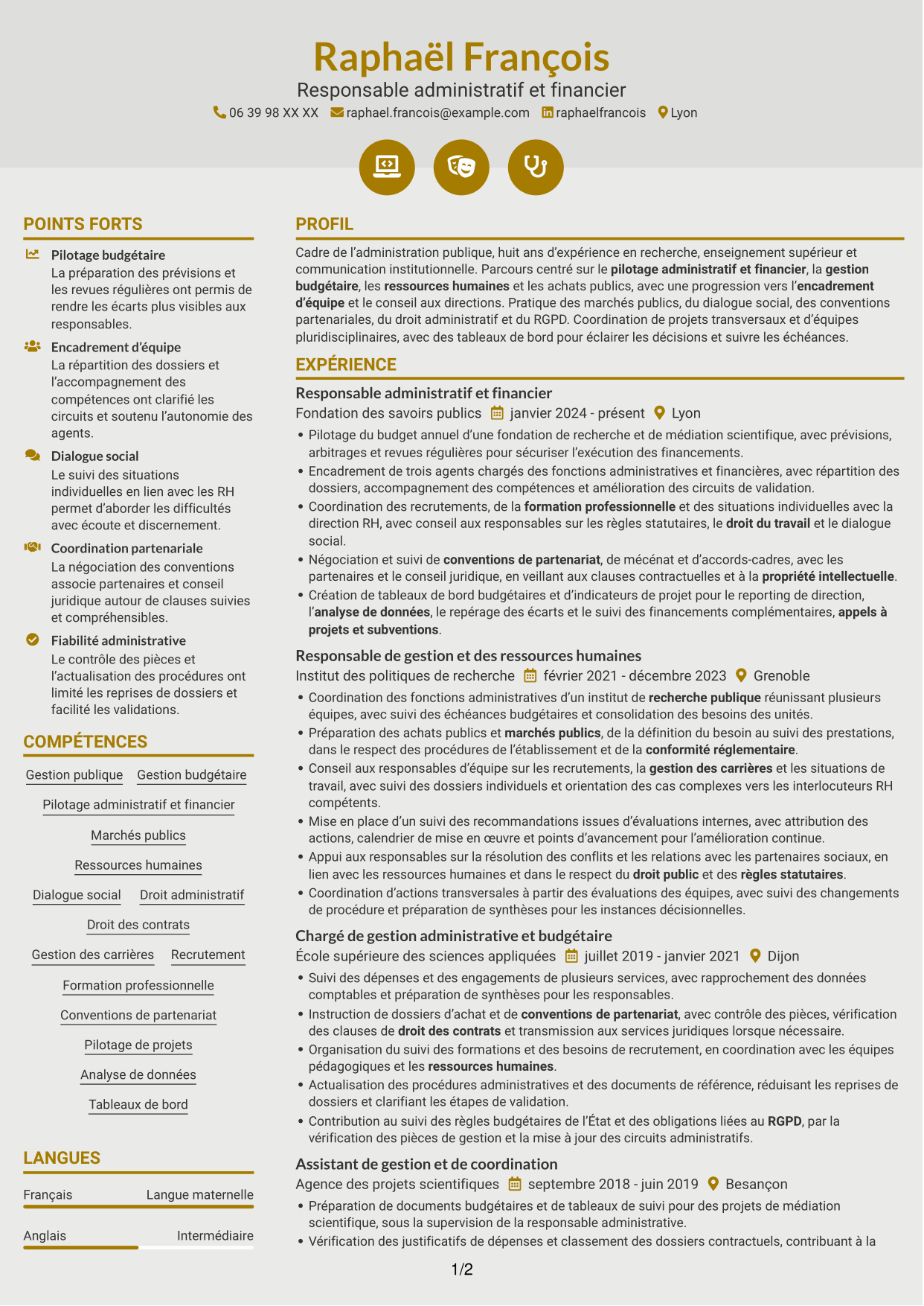 CV Dynamique (format à deux colonnes avec icônes) : Responsable de l'administration et du pilotage - Gestion publique et RH, page 1