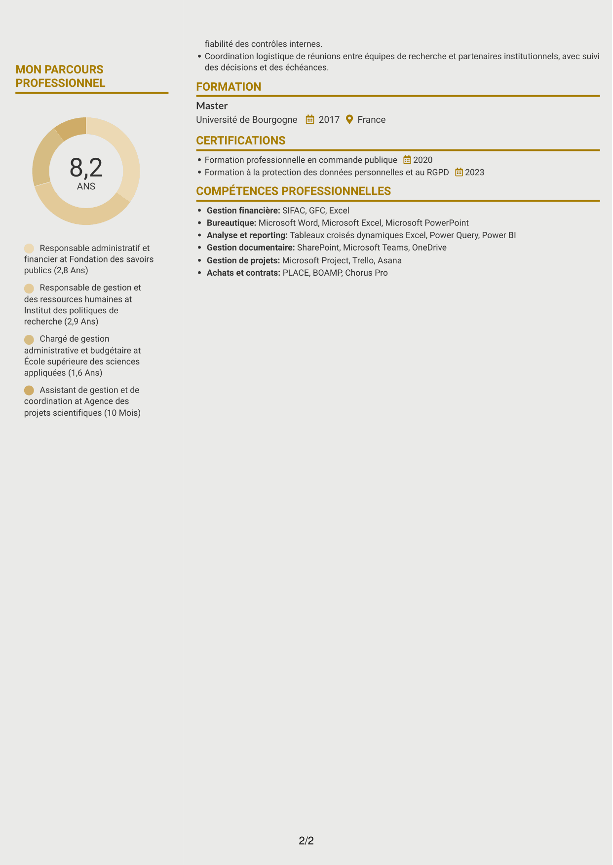 CV Dynamique (format à deux colonnes avec icônes) : Responsable de l'administration et du pilotage - Gestion publique et RH, page 2