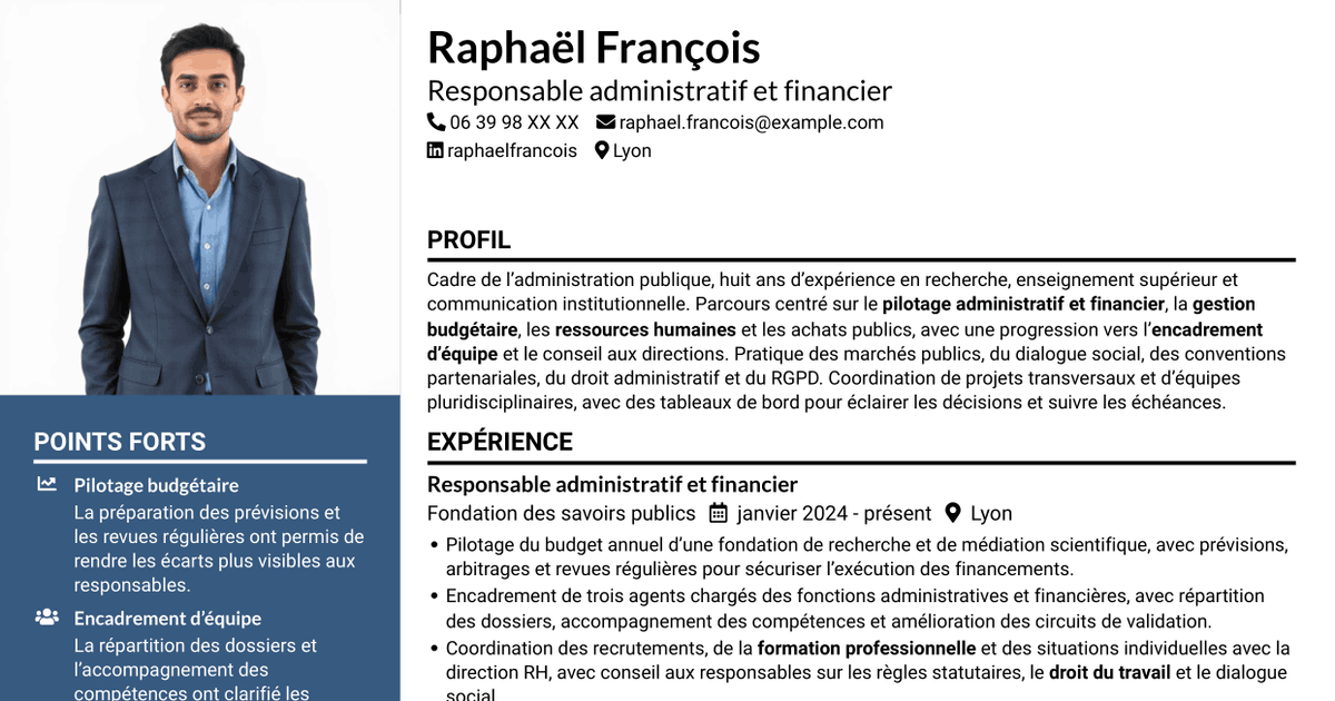 7 modèles de CV pour Responsable de l'administration et du pilotage - Gestion publique et RH, avec exemples