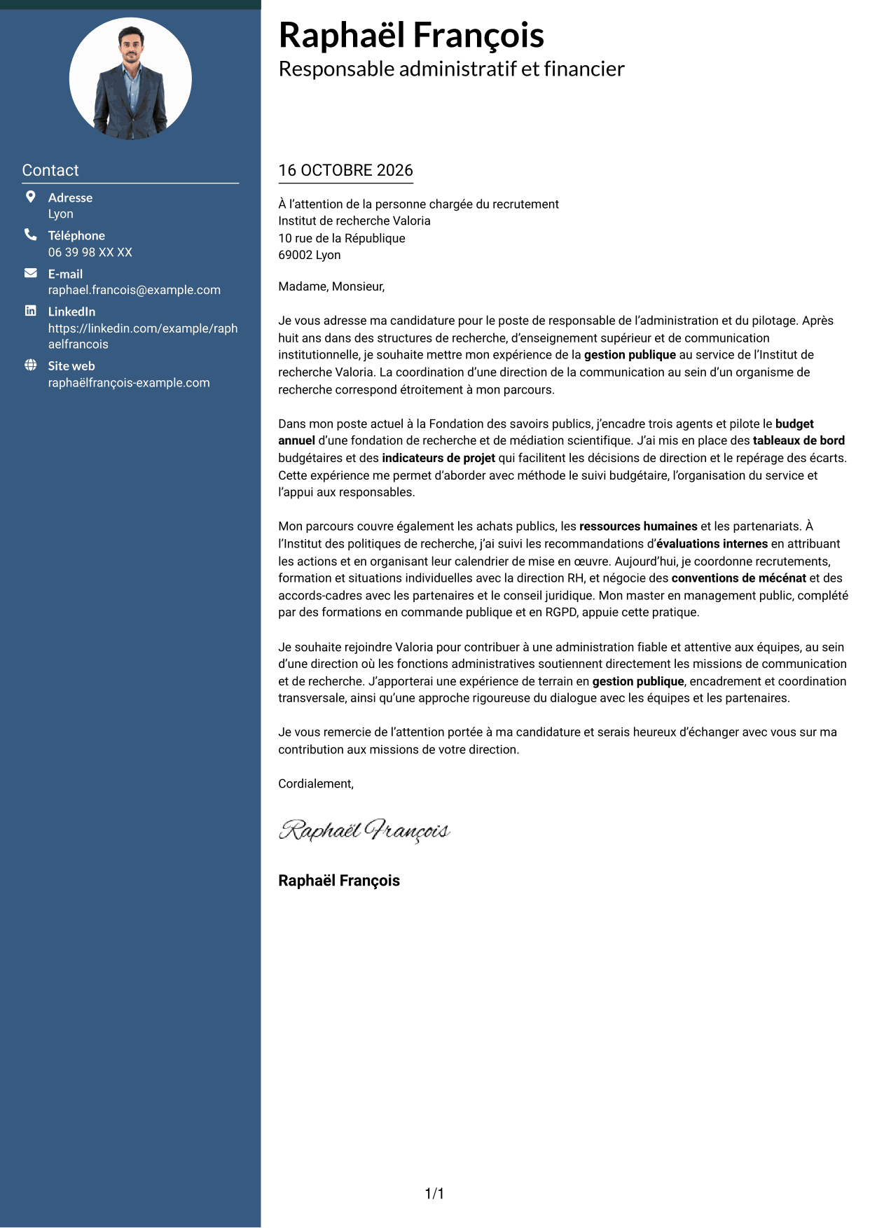 Lettre de motivation Élégant (format à colonne latérale colorée avec photo) : Responsable de l'administration et du pilotage - Gestion publique et RH, page 1
