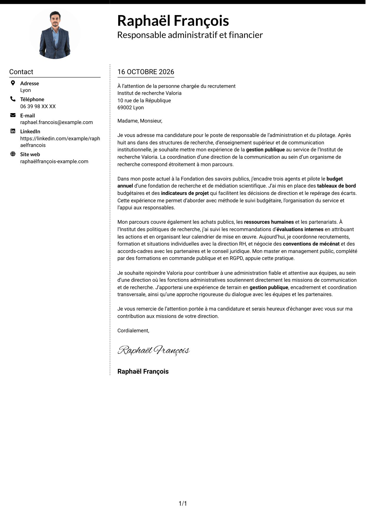 Lettre de motivation Moderne (format à deux colonnes avec photo à gauche et séparateur) : Responsable de l'administration et du pilotage - Gestion publique et RH, page 1