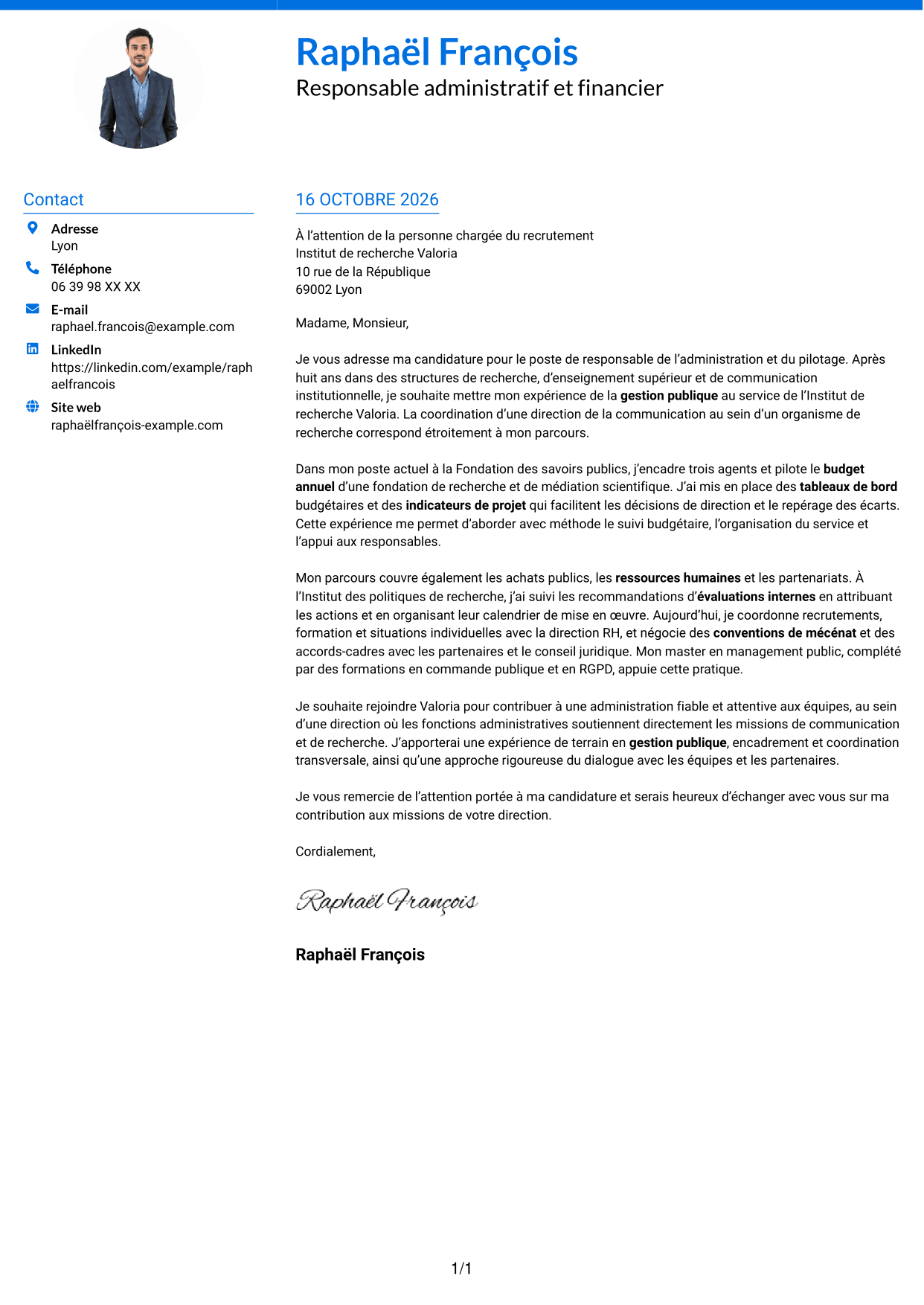 Lettre de motivation Audacieux (format à deux colonnes avec accents colorés et photo) : Responsable de l'administration et du pilotage - Gestion publique et RH, page 1